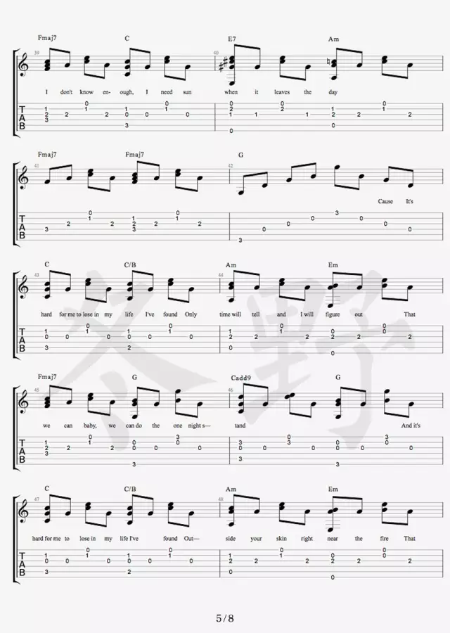 Daniel_Powter_Free_Loop吉他六线谱原调_冬野吉他弹唱伴奏六线谱