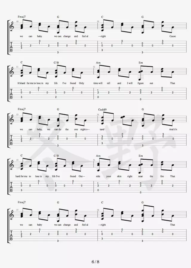 Daniel_Powter_Free_Loop吉他六线谱原调_冬野吉他弹唱伴奏六线谱
