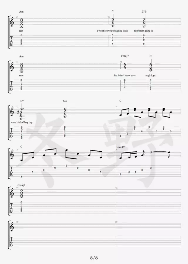 Daniel_Powter_Free_Loop吉他六线谱原调_冬野吉他弹唱伴奏六线谱