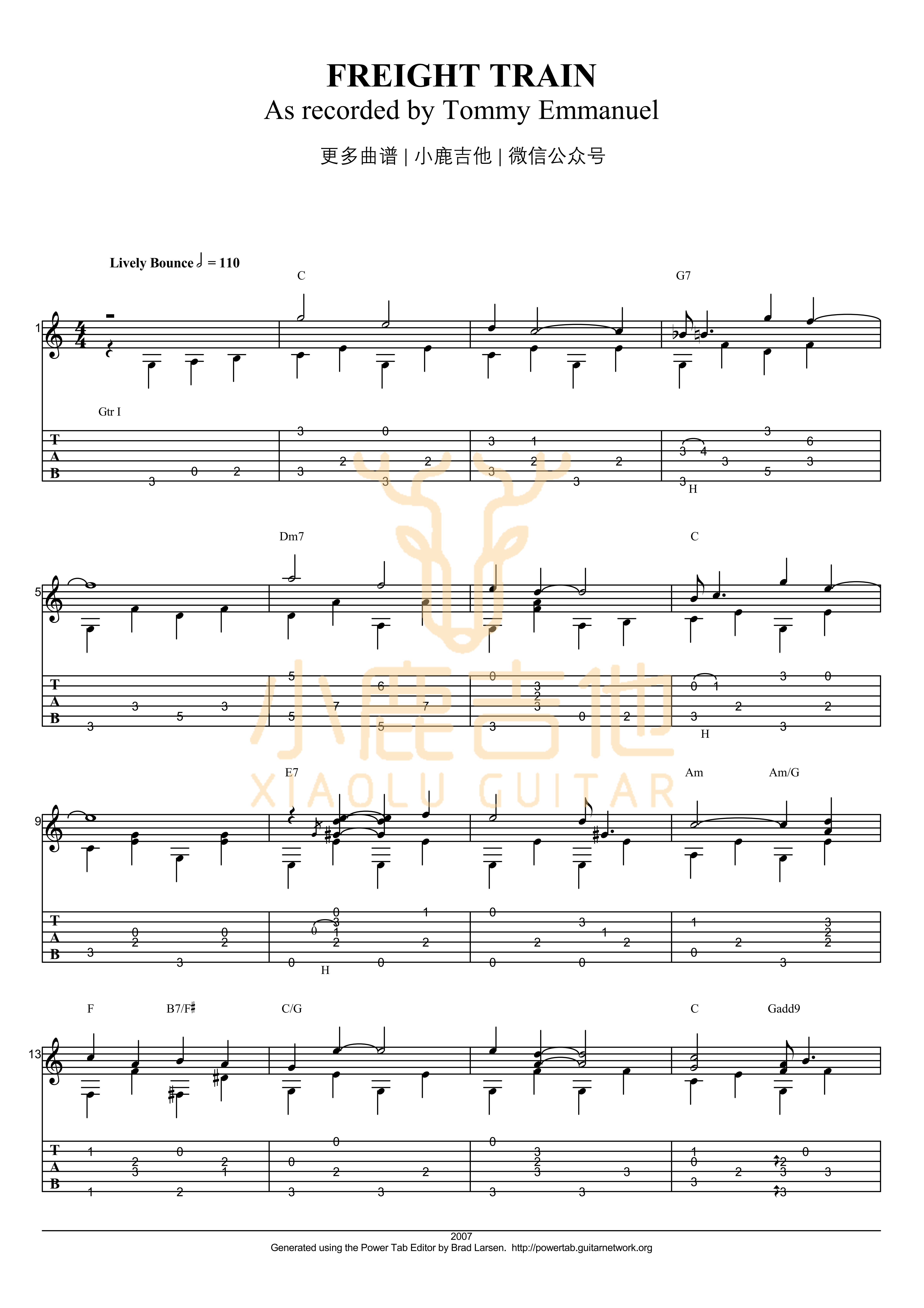 Tommy_Emmanuel_Freight_Train拇指弹拨吉他六线谱_小鹿吉他制谱