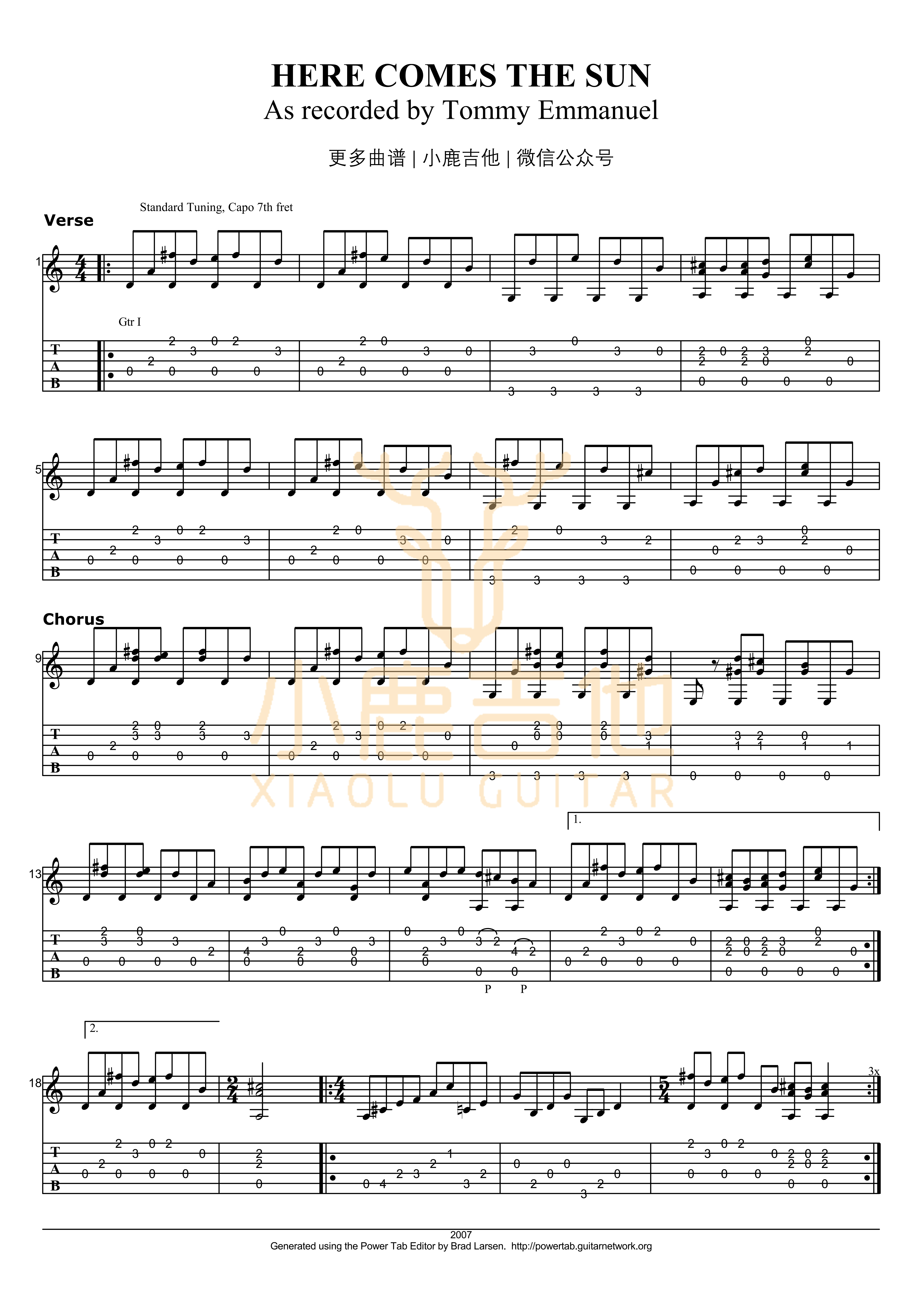 Tommy_Emmanuel-Here_Comes_The_Sun拇指弹拨吉他六线谱-小鹿吉他编谱