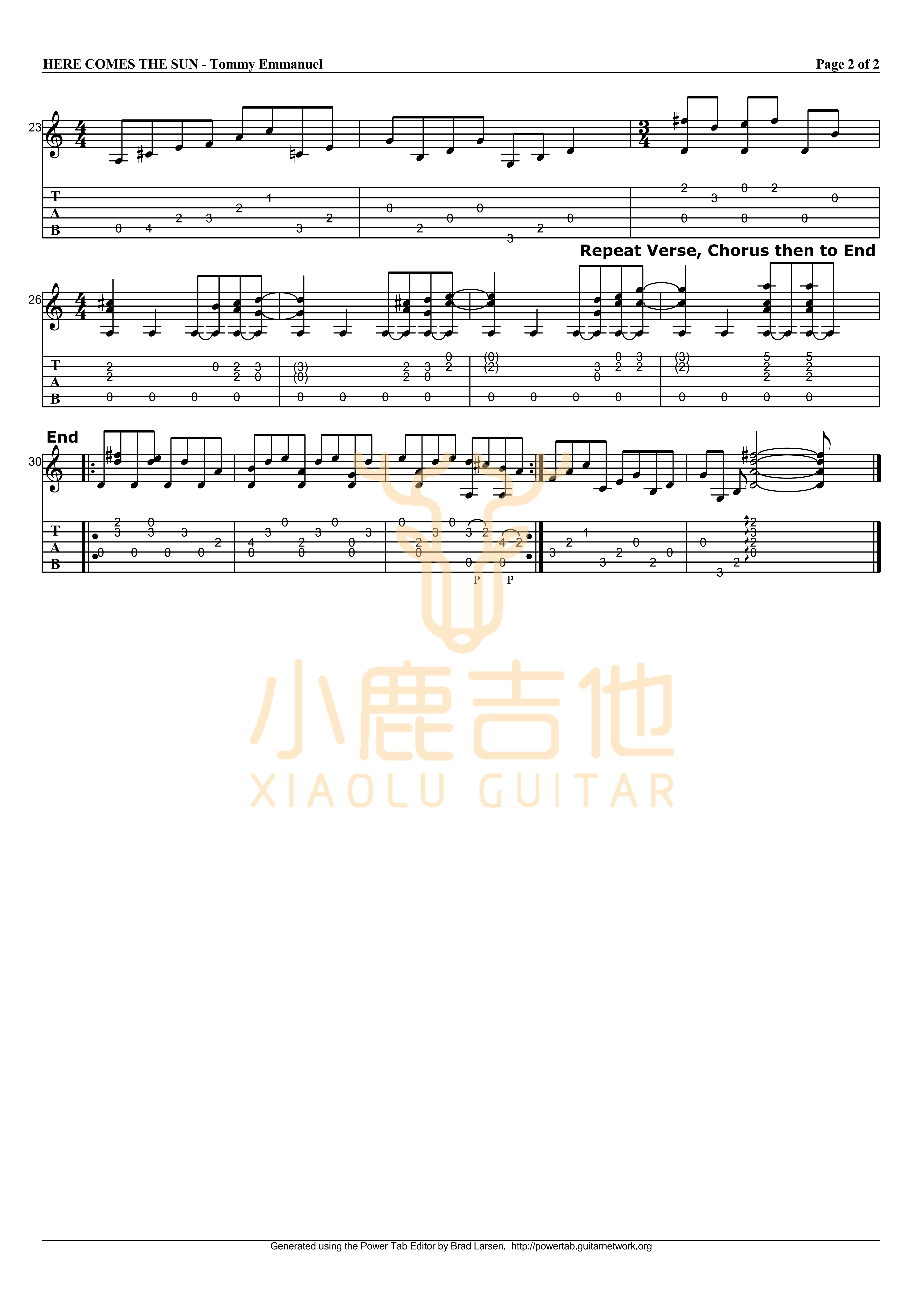 Tommy_Emmanuel-Here_Comes_The_Sun拇指弹拨吉他六线谱-小鹿吉他编谱