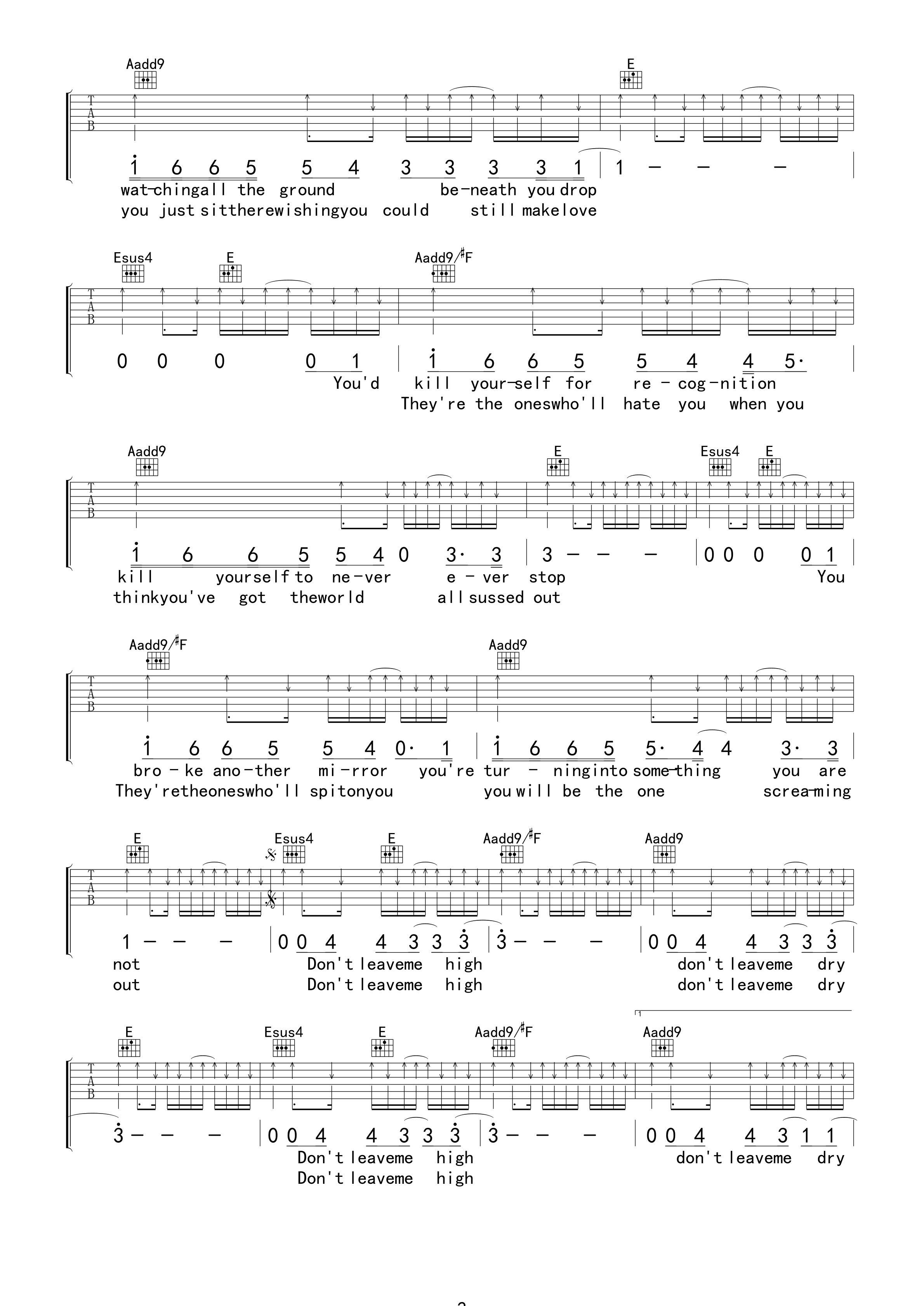 Radiohead_High_and_Dry吉他六线谱E调_卢海江弹唱伴奏六线谱