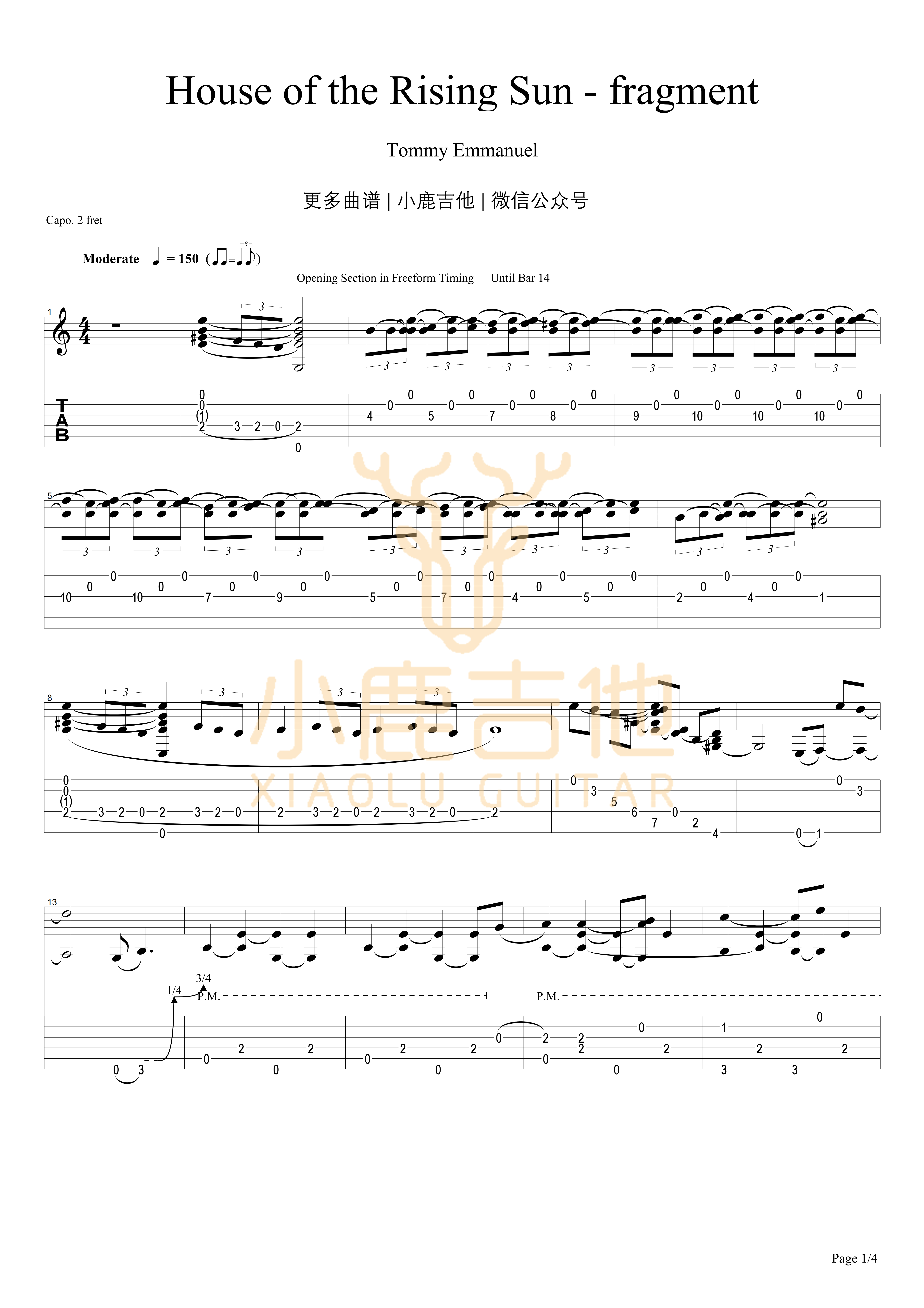 Tommy_Emmanuel-House_Of_The_Rising_Sun-fragment拇指弹拨吉他六线谱-小鹿吉他编谱