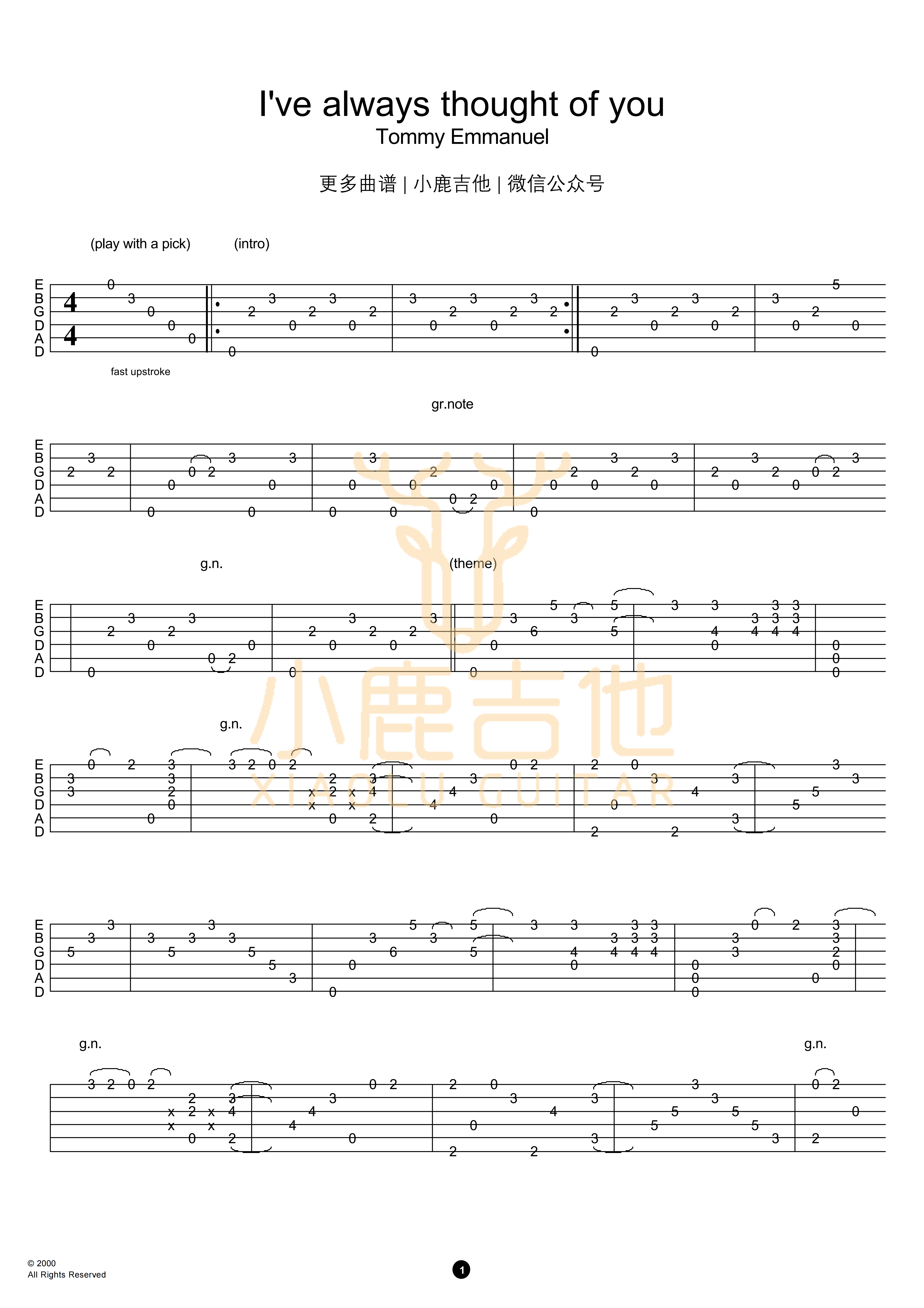 Tommy_Emmanuel-I_Have_Always_Thought_Of_You拇指弹拨吉他六线谱-小鹿吉他编谱