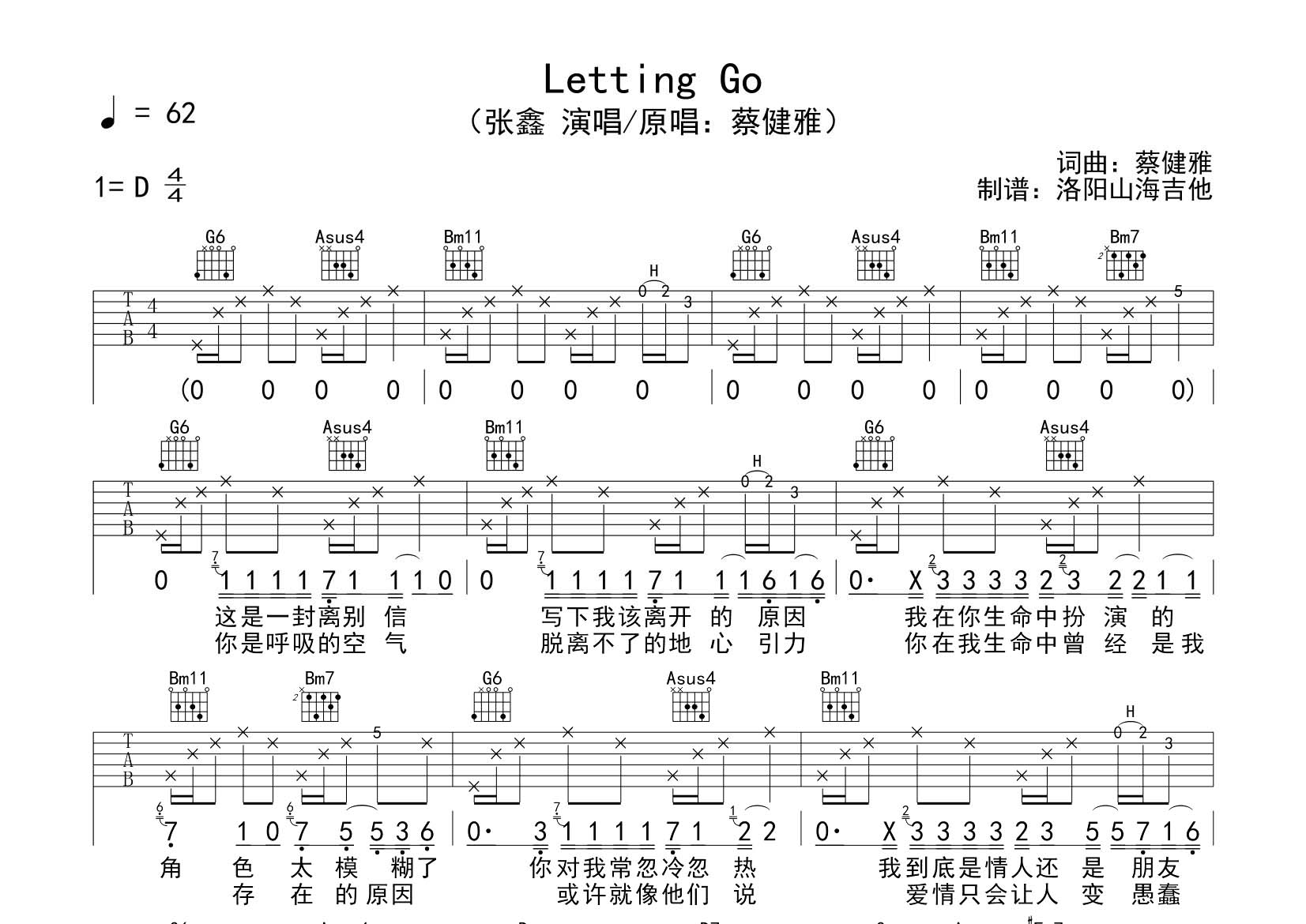 张鑫_Letting_Go吉他六线谱D调_飞韵吉他弹唱伴奏六线谱