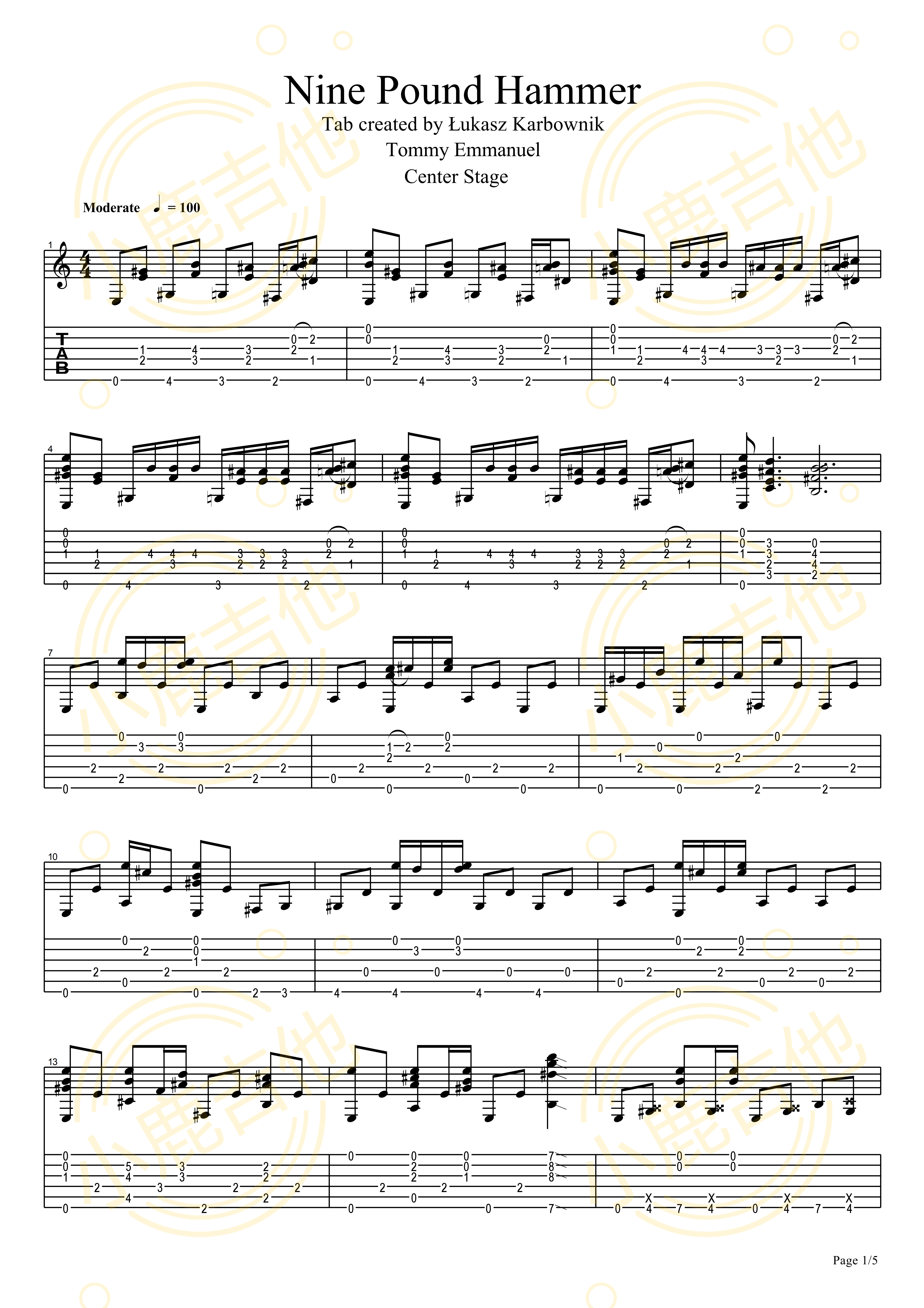 Tommy_Emmanuel《Nine_Pound_Hammer》拇指弹拨吉他六线谱_小鹿吉他制谱
