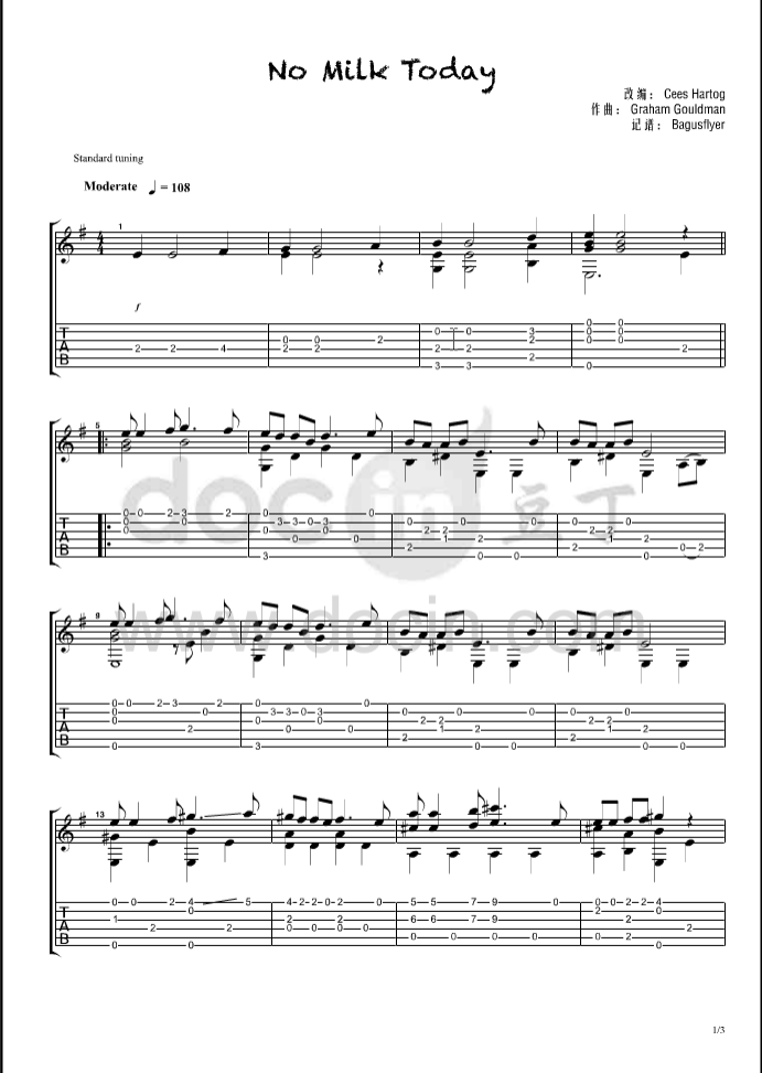 Herman's_Hermits_No_Milk_Today独奏谱_原调六线谱