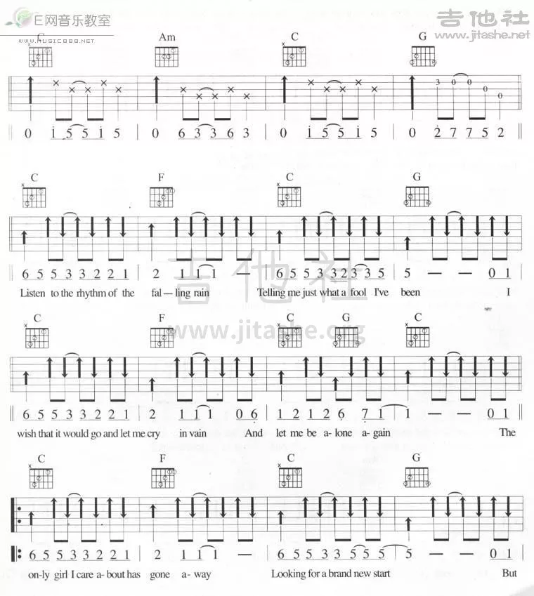 The_Cascades_Rhythm_of_the_rain吉他六线谱C调_吉他社弹唱伴奏六线谱