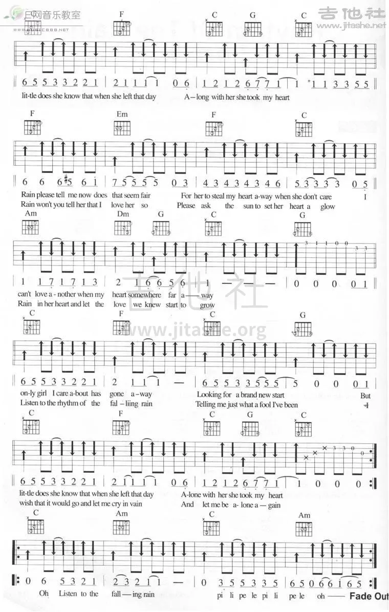 The_Cascades_Rhythm_of_the_rain吉他六线谱C调_吉他社弹唱伴奏六线谱