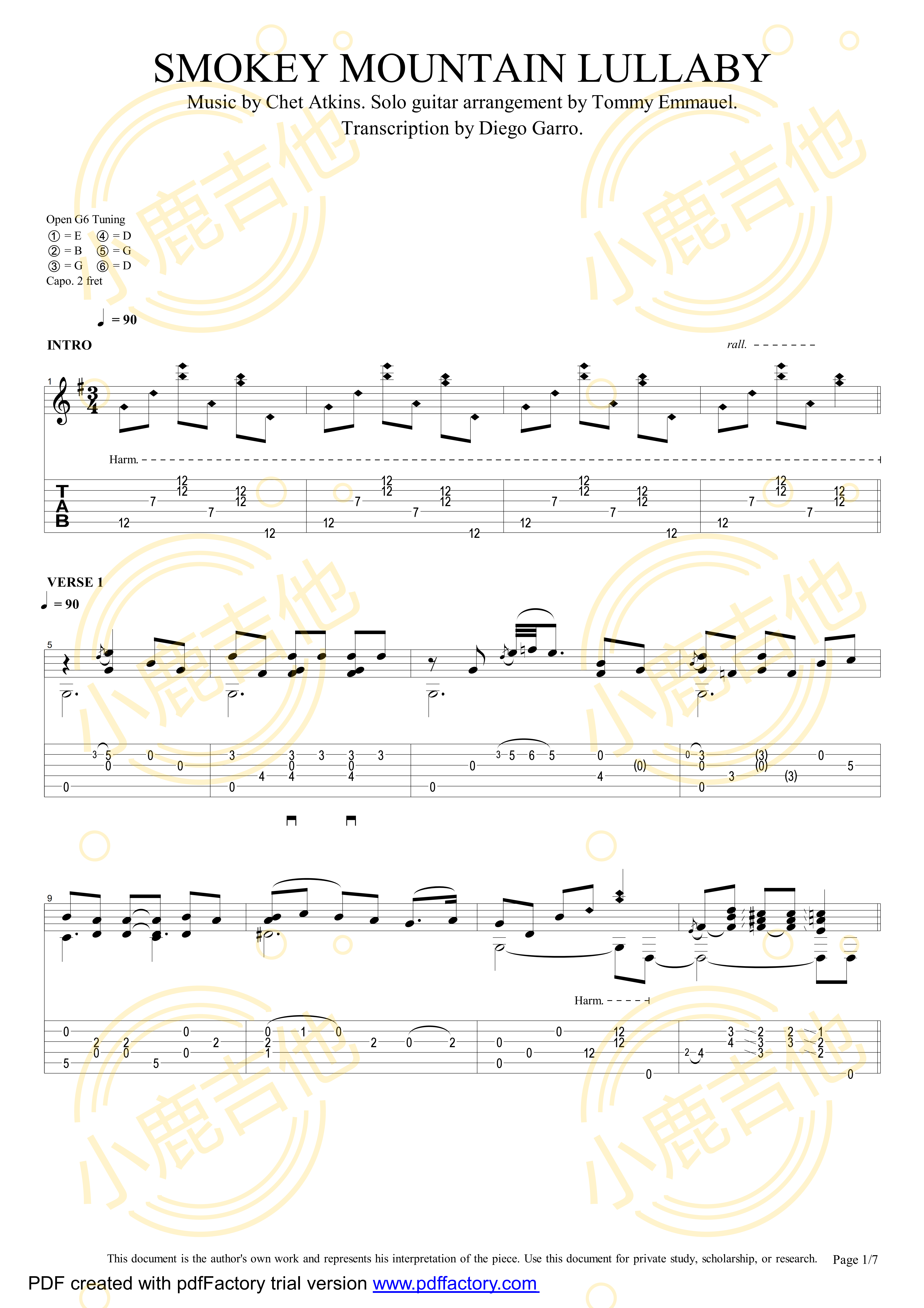 Tommy_Emmanuel_Smokey_Mountain_Lullaby拇指弹拨吉他六线谱_小鹿吉他制谱