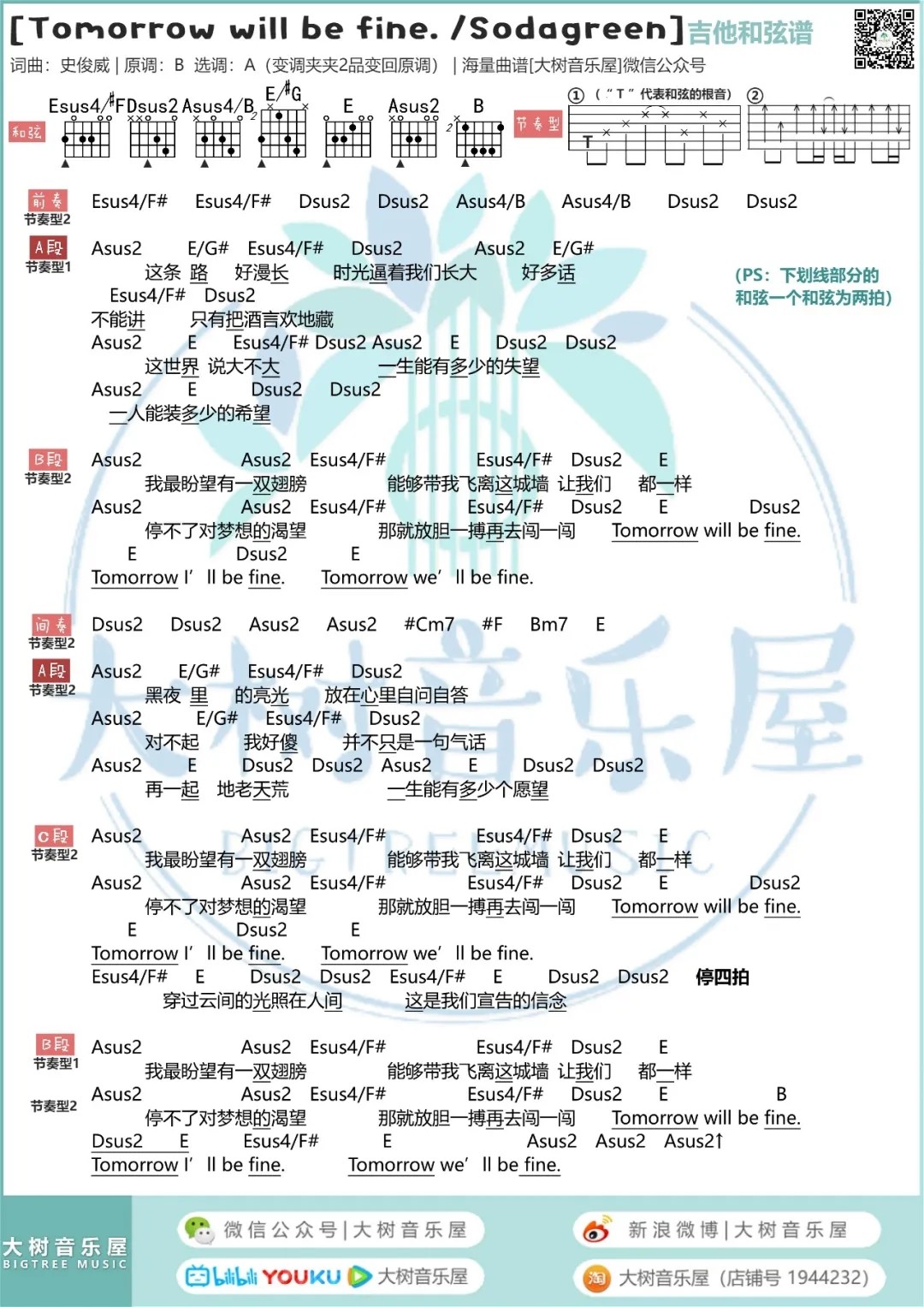 苏打绿_Tomorrow_will_be_fine吉他六线谱A调_大树音乐屋弹唱伴奏六线谱