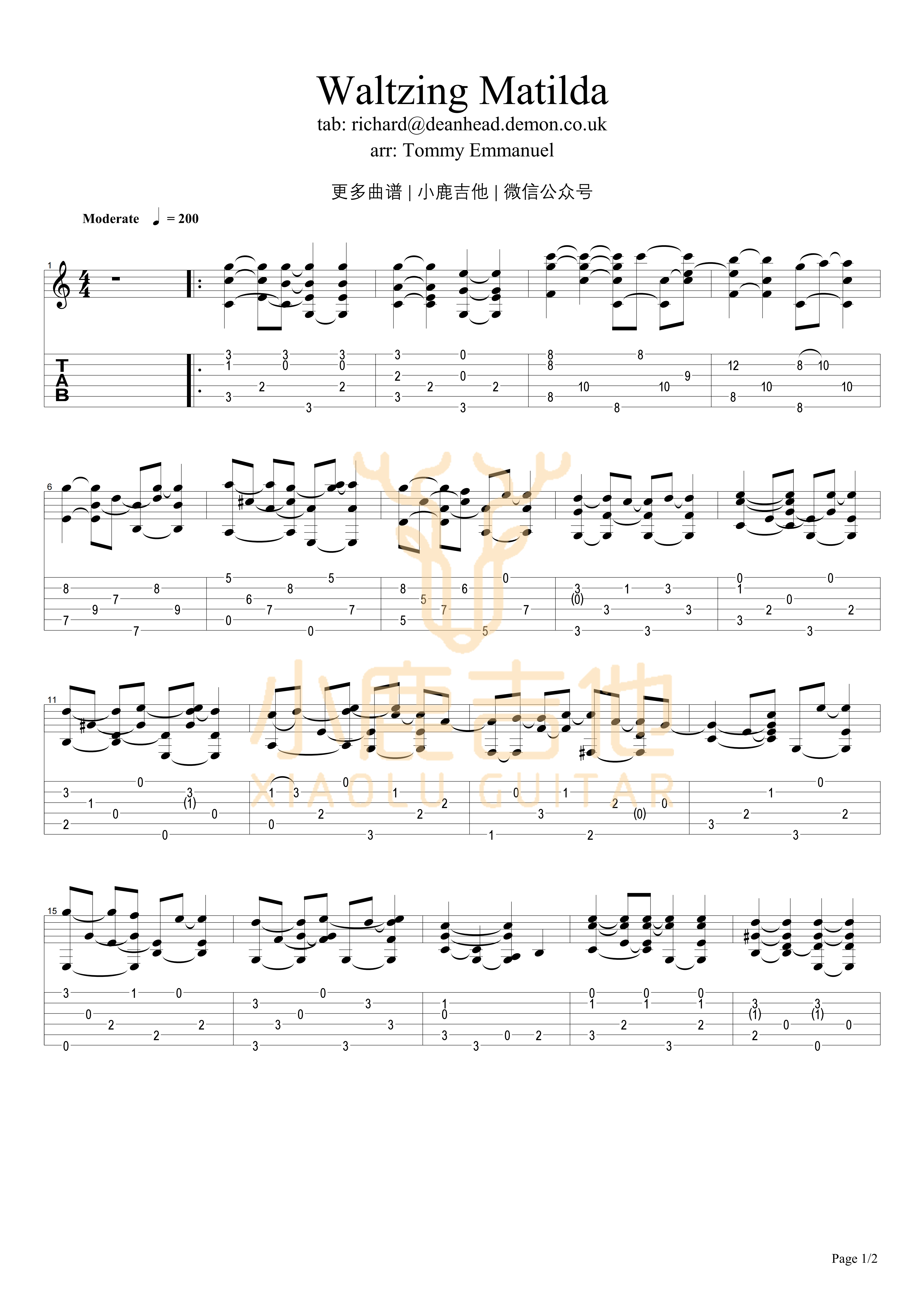 Waltzing_Matilda-Tommy_Emmanuel拇指弹拨吉他六线谱