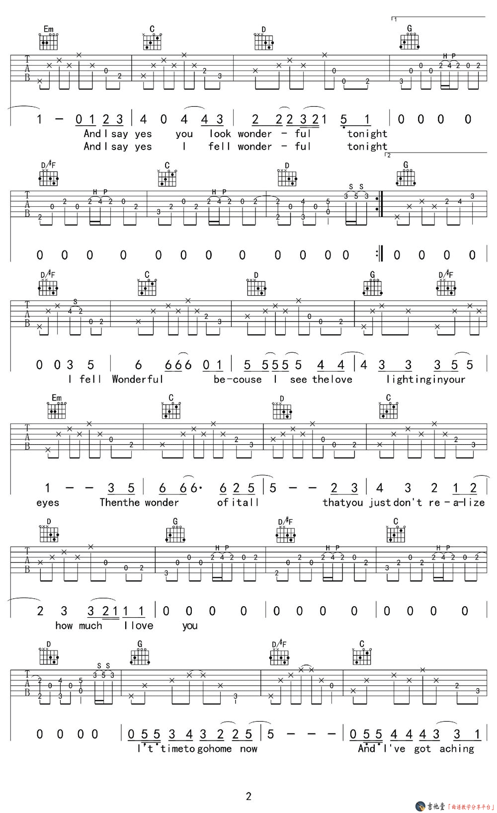 Eric_Clapton_Wonderful_Tonight吉他六线谱G调_八音阁弹唱伴奏六线谱