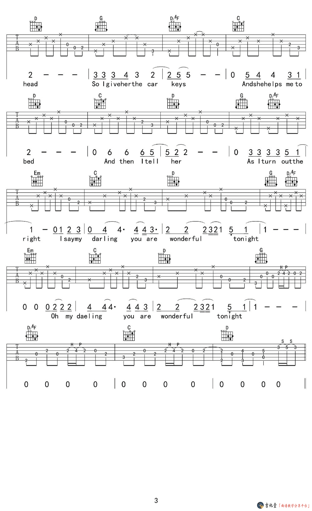 Eric_Clapton_Wonderful_Tonight吉他六线谱G调_八音阁弹唱伴奏六线谱