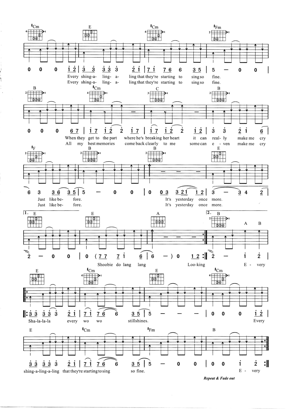 Carpenters_Yesterday_Once_More吉他六线谱E调_弹唱伴奏六线谱