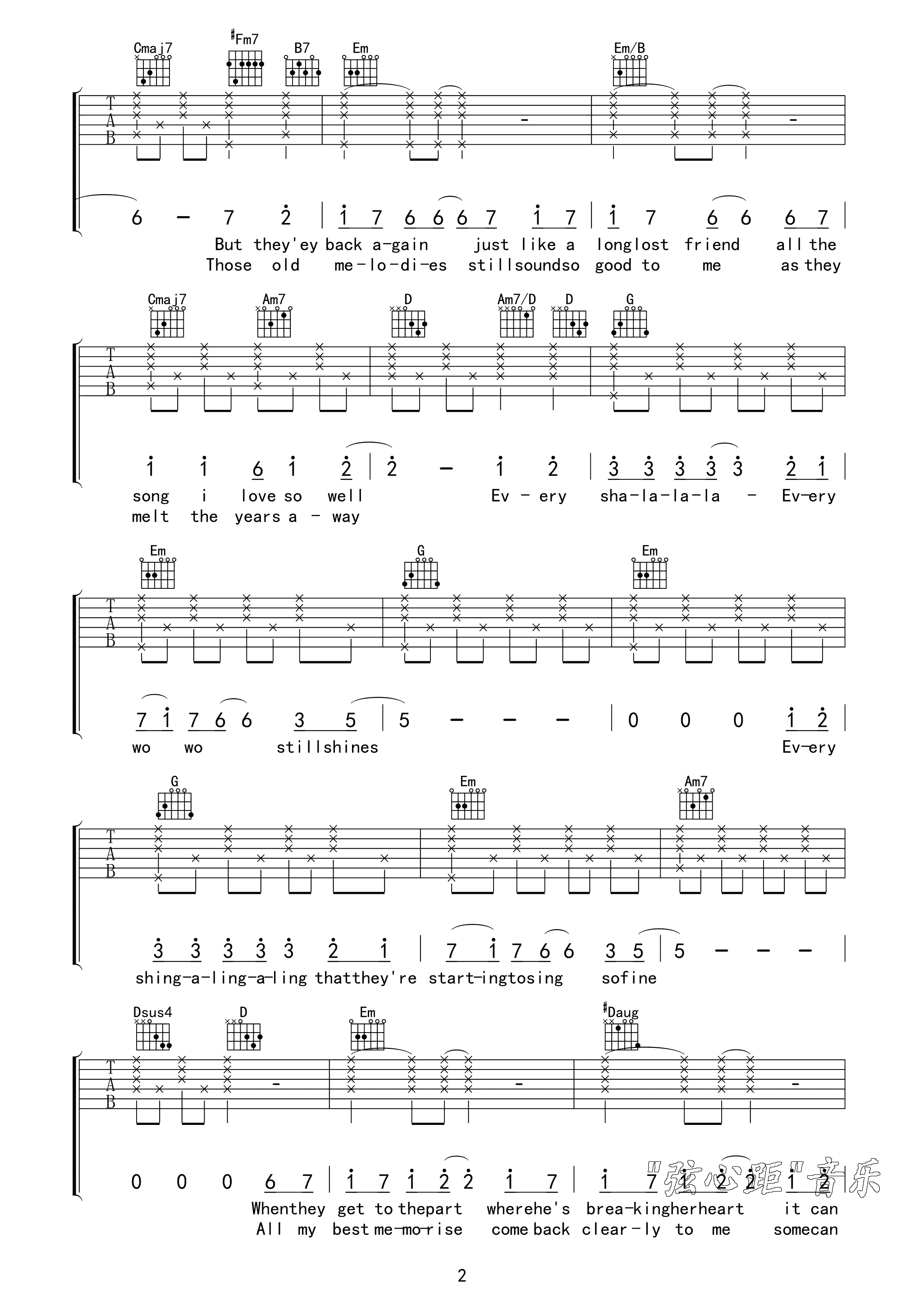 carpenters_Yesterday_Once_More吉他六线谱G调_弦心距弹唱伴奏六线谱