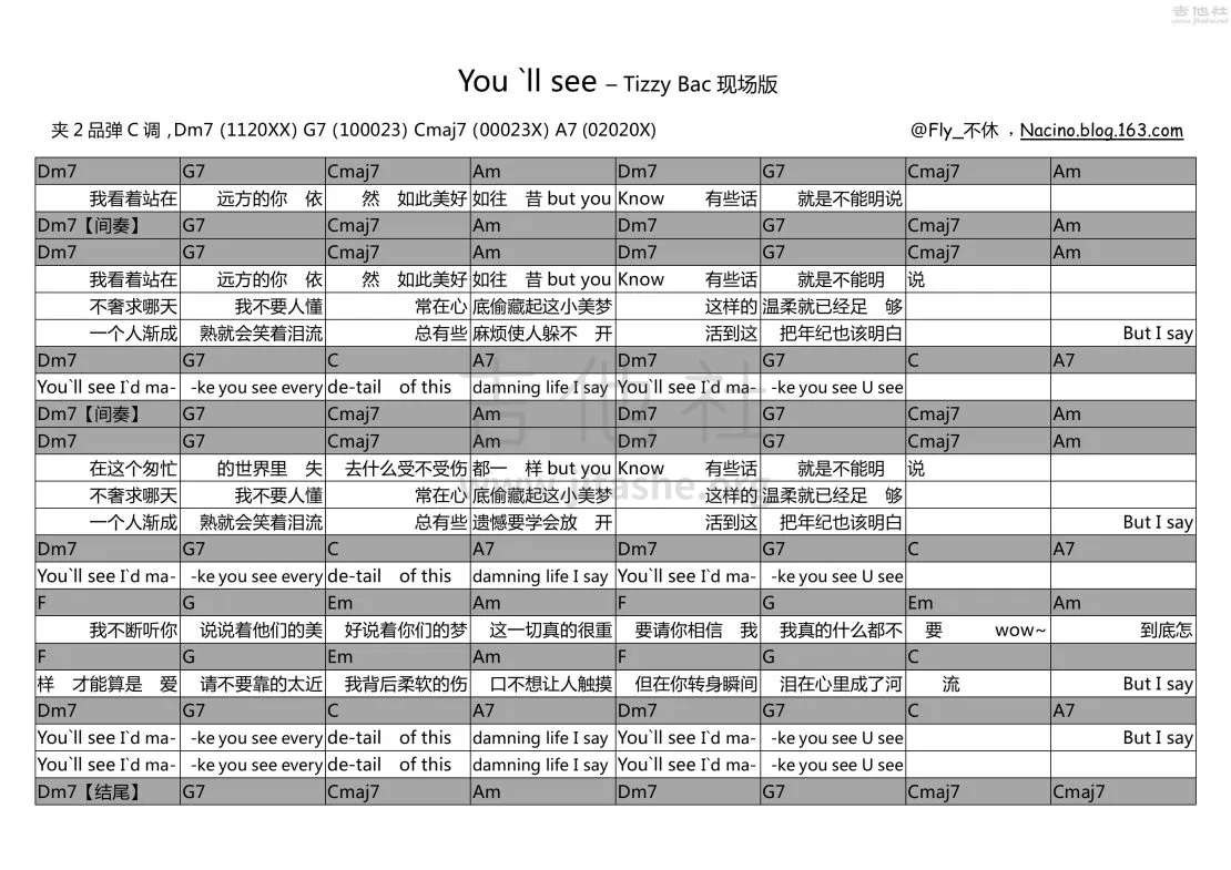 Tizzy_Bac_You_will_see吉他六线谱C调_吉他社弹唱伴奏六线谱