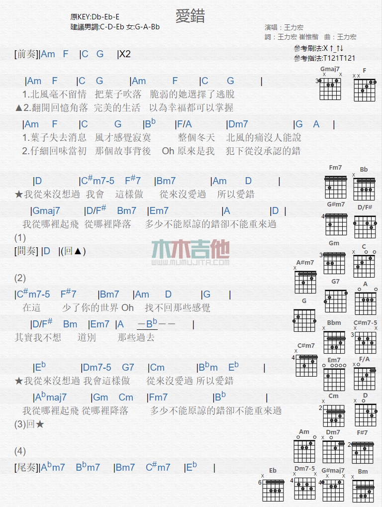 王力宏_爱错吉他六线谱A调_木木吉他弹唱伴奏六线谱