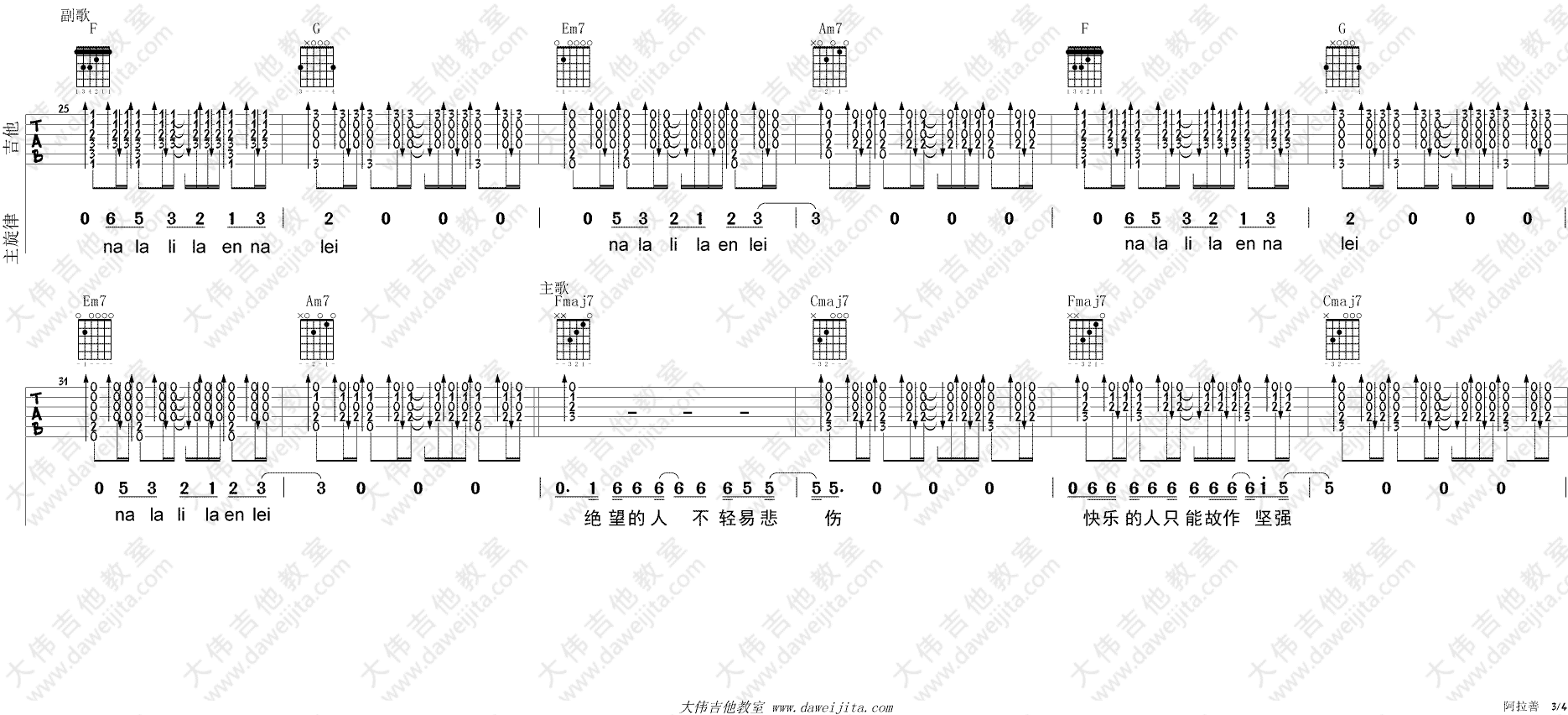 贰佰_阿善拉吉他六线谱C调_大伟吉他教室弹唱伴奏六线谱