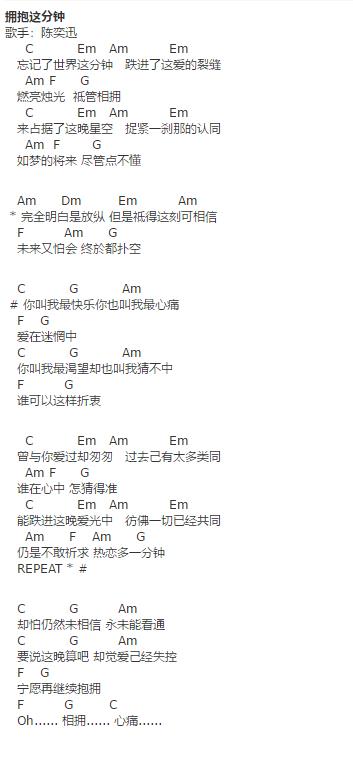 陈奕迅_抱拥这分钟吉他六线谱C调_弹唱伴奏六线谱