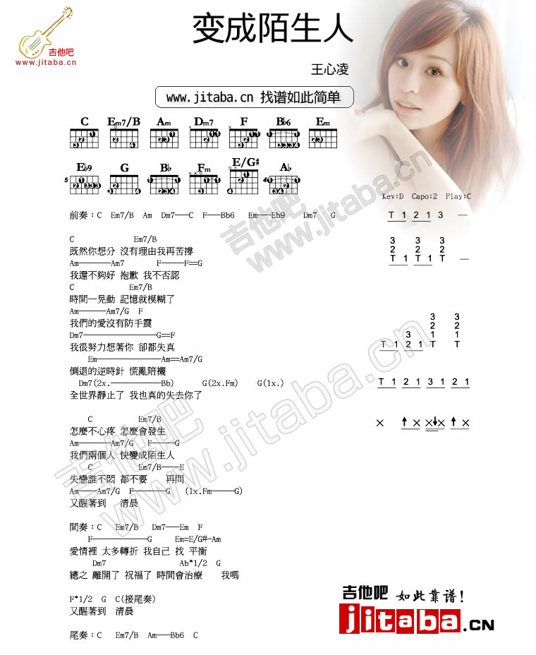 王心凌_变成陌生人吉他六线谱C调_吉他吧弹唱伴奏六线谱