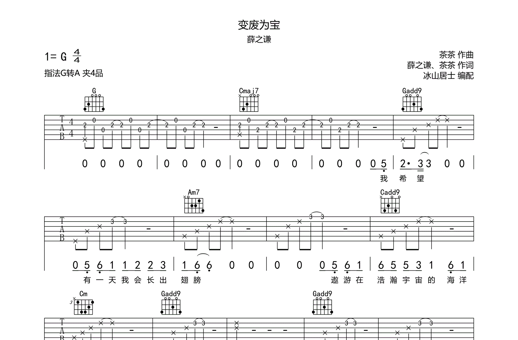 薛之谦_变废为宝吉他六线谱G转A调_冰山居士弹唱伴奏六线谱