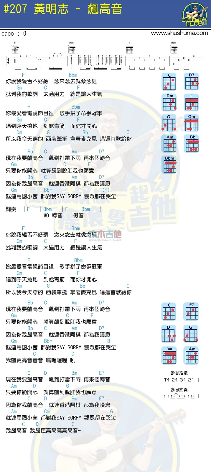 黄明志_飙高音吉他六线谱F调_木木吉他弹唱伴奏六线谱
