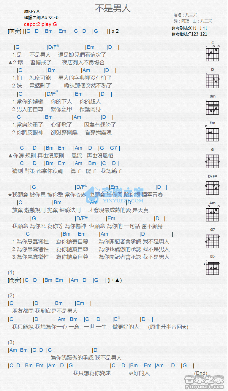 八三夭_不是男人吉他六线谱G调_音乐之家弹唱伴奏六线谱