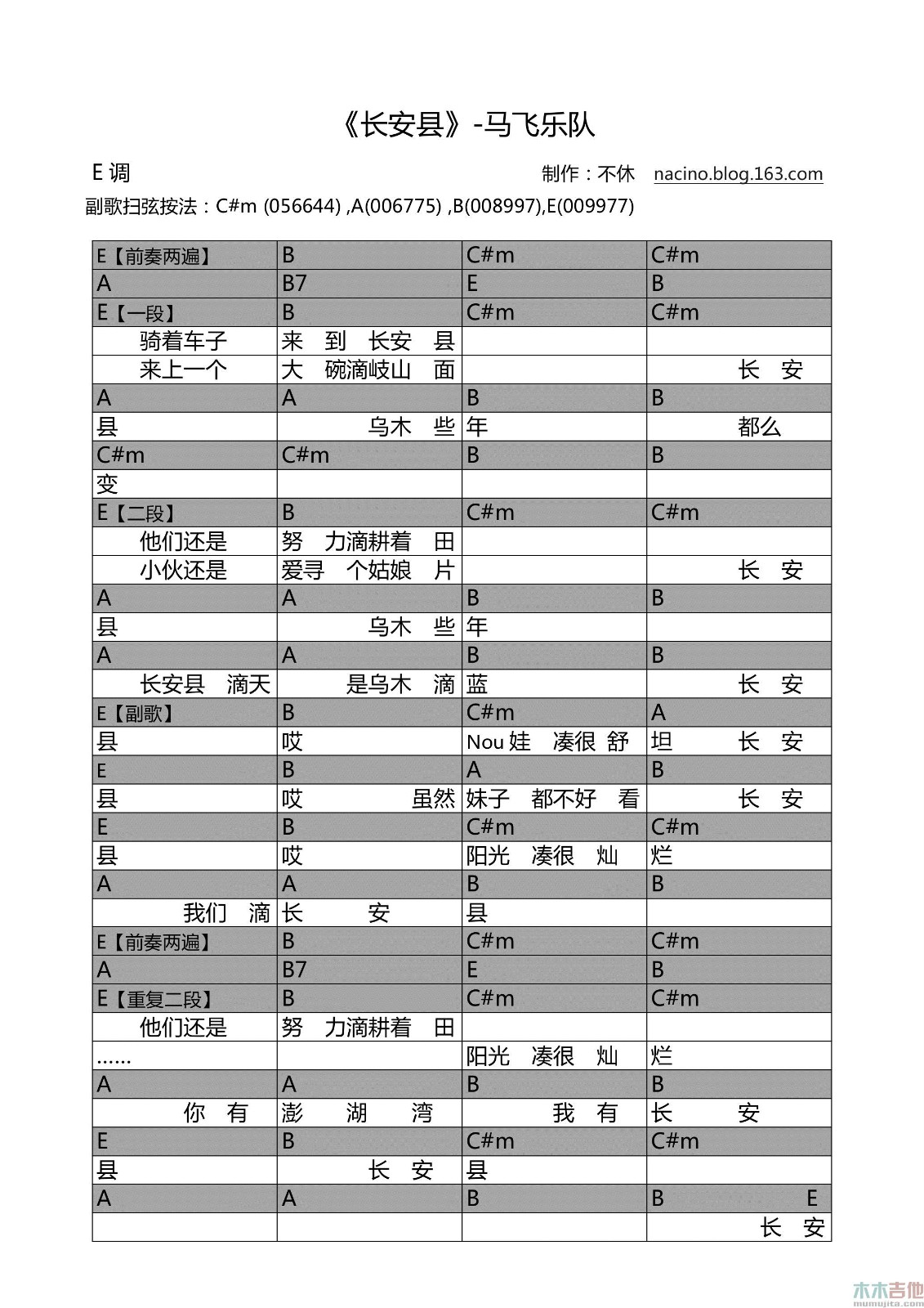 马飞_长安县吉他六线谱E调_不休弹唱伴奏六线谱