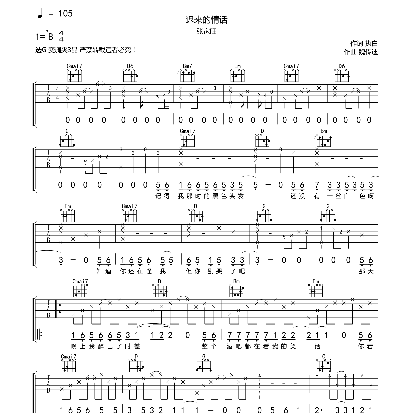 张家旺_迟来的情话吉他六线谱G调_酷玩吉他弹唱伴奏六线谱