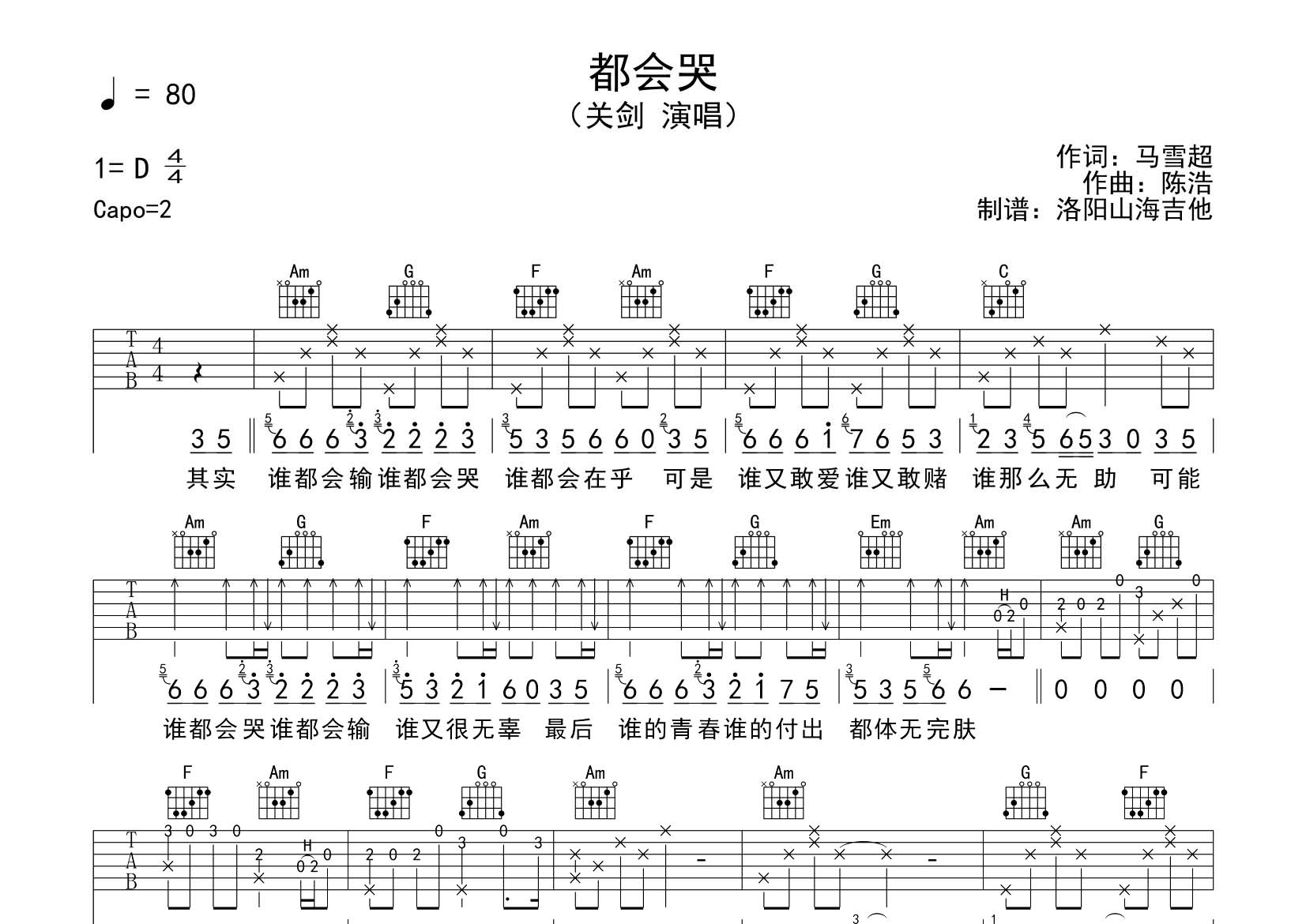 关剑_都会哭吉他六线谱C调_飞韵吉他弹唱伴奏六线谱_扫弦节奏分解速度型