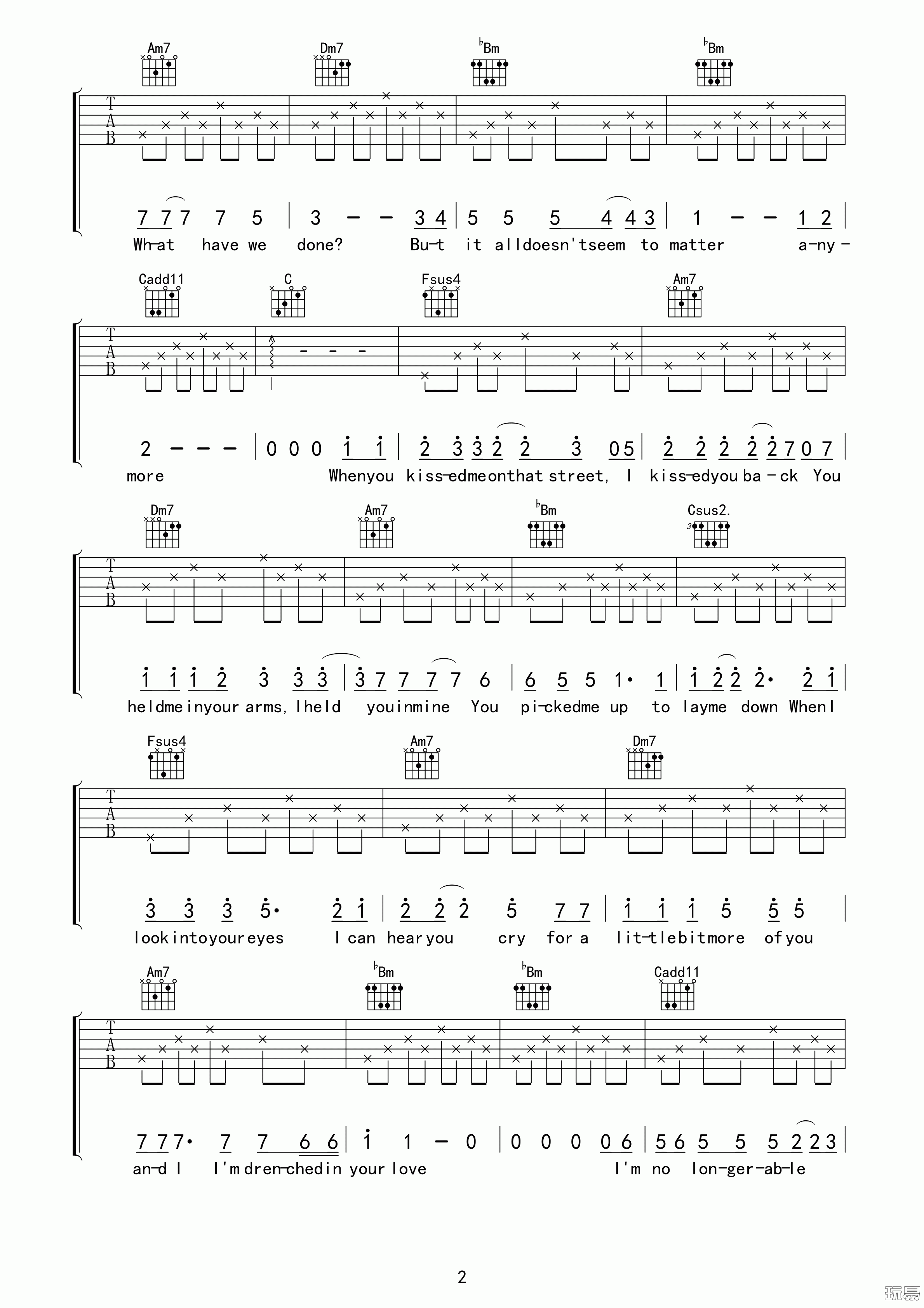 曲婉婷_drenched吉他六线谱F调_玩易吉他弹唱伴奏六线谱