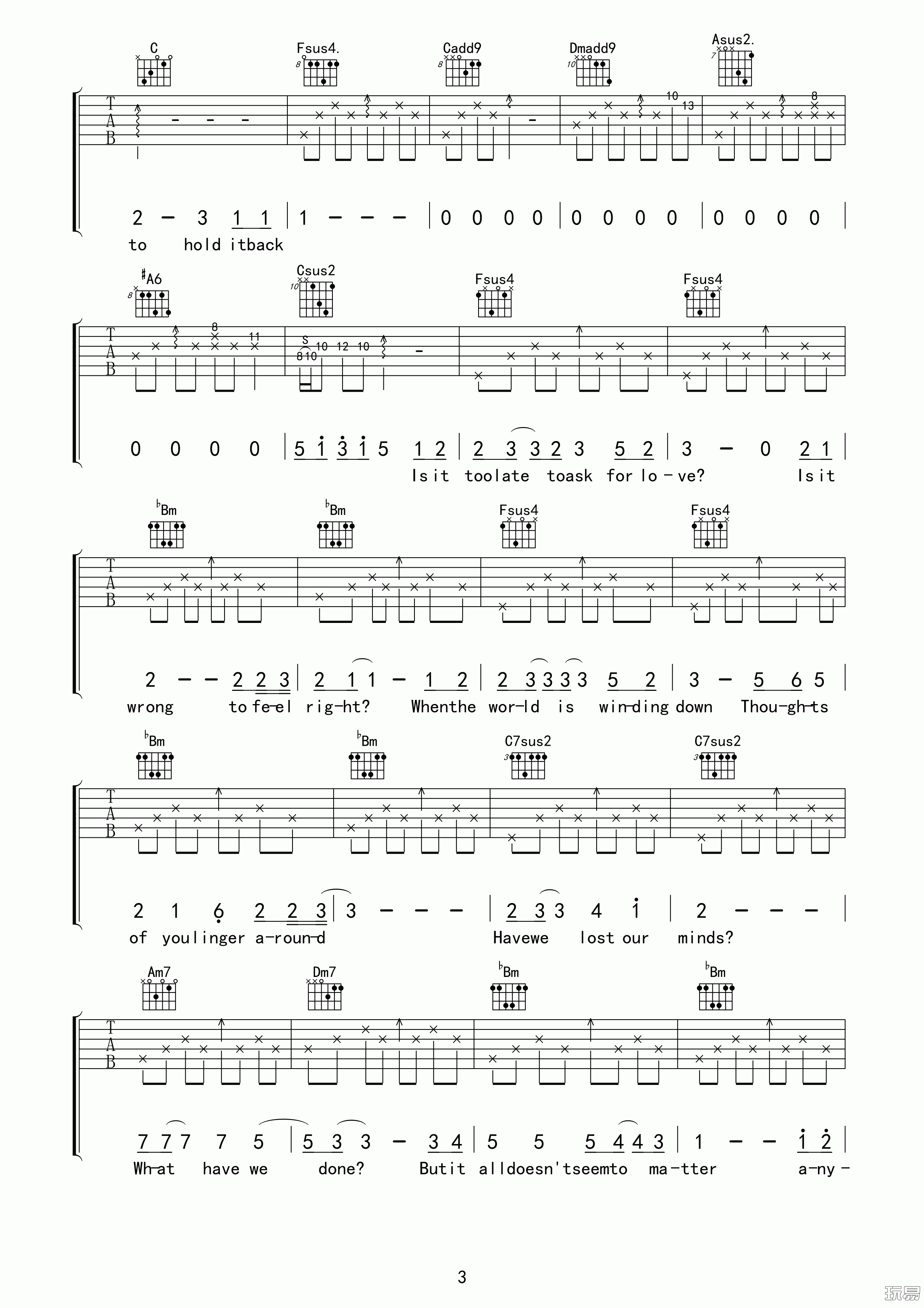曲婉婷_drenched吉他六线谱F调_玩易吉他弹唱伴奏六线谱