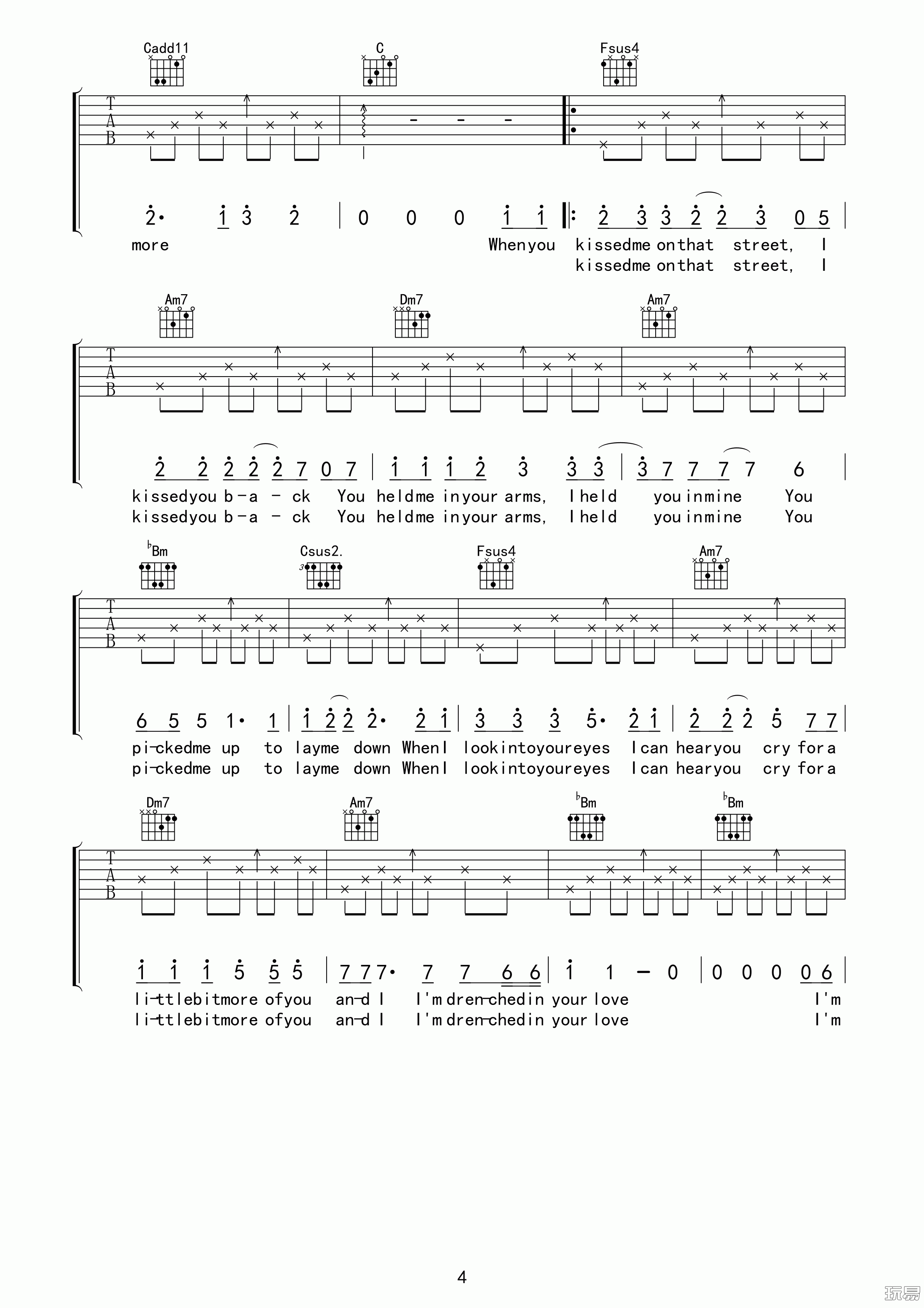 曲婉婷_drenched吉他六线谱F调_玩易吉他弹唱伴奏六线谱