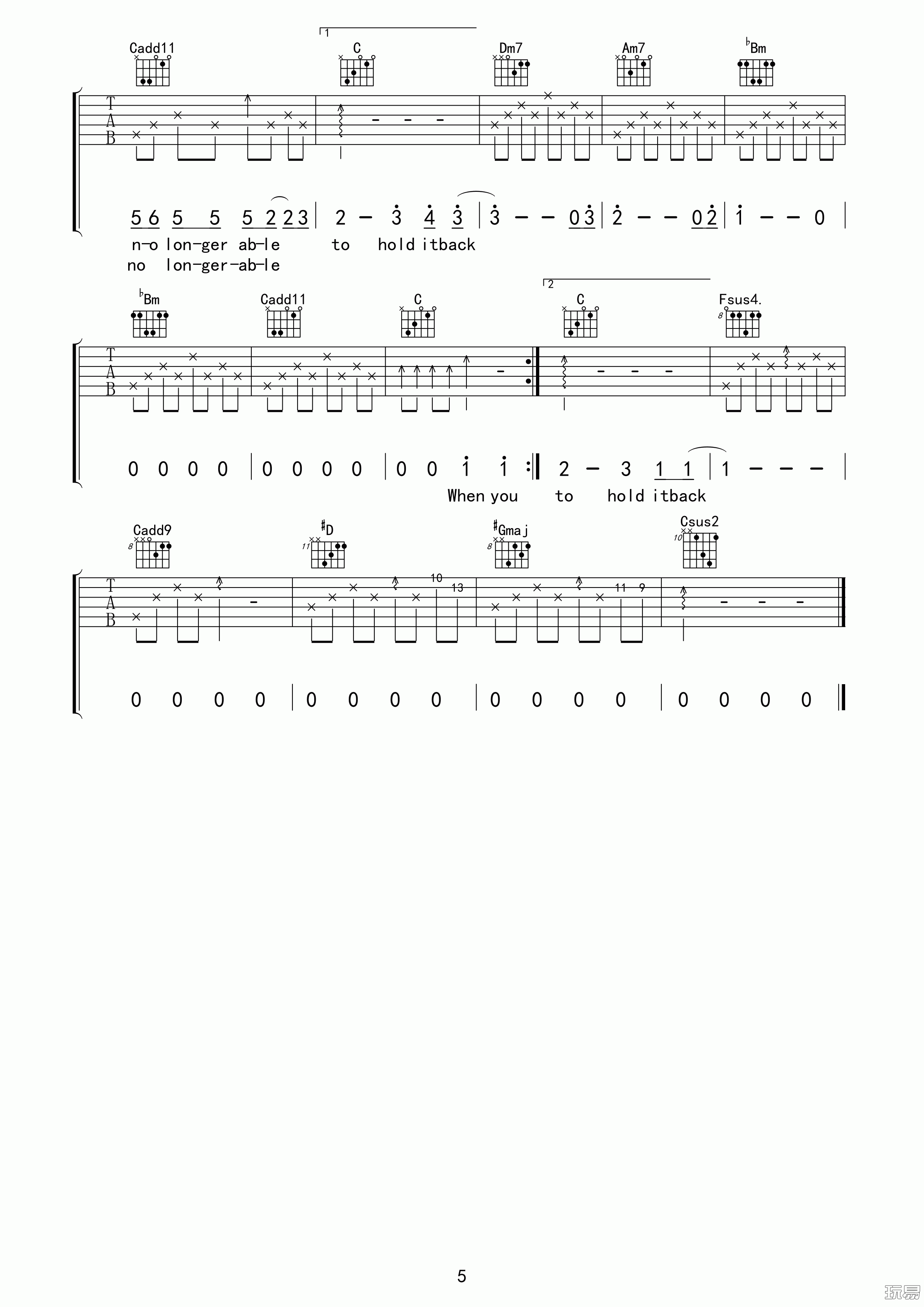 曲婉婷_drenched吉他六线谱F调_玩易吉他弹唱伴奏六线谱