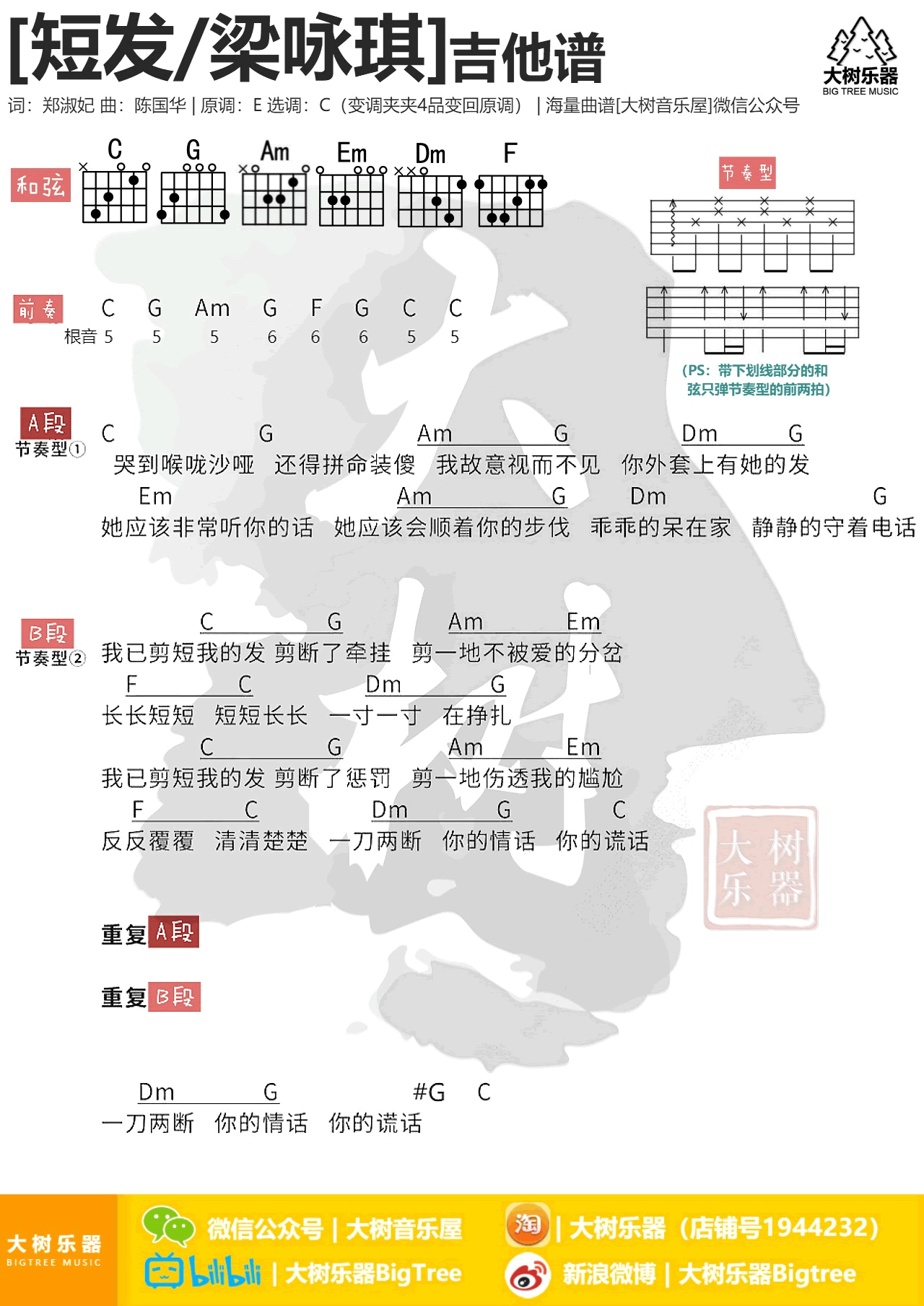 张靓颖_短发吉他六线谱C调_大树音乐屋弹唱伴奏六线谱