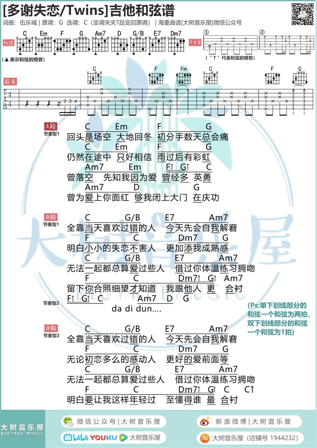 Twins_多谢失恋吉他六线谱C调_大树音乐屋弹唱伴奏六线谱