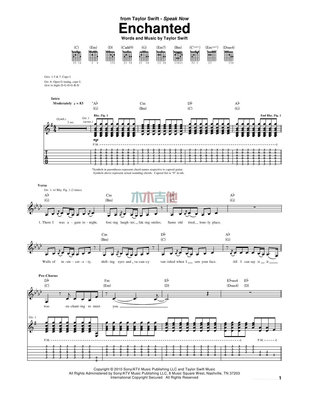 Taylor_Swift_enchanted独奏谱原调_木木吉他弹唱伴奏六线谱