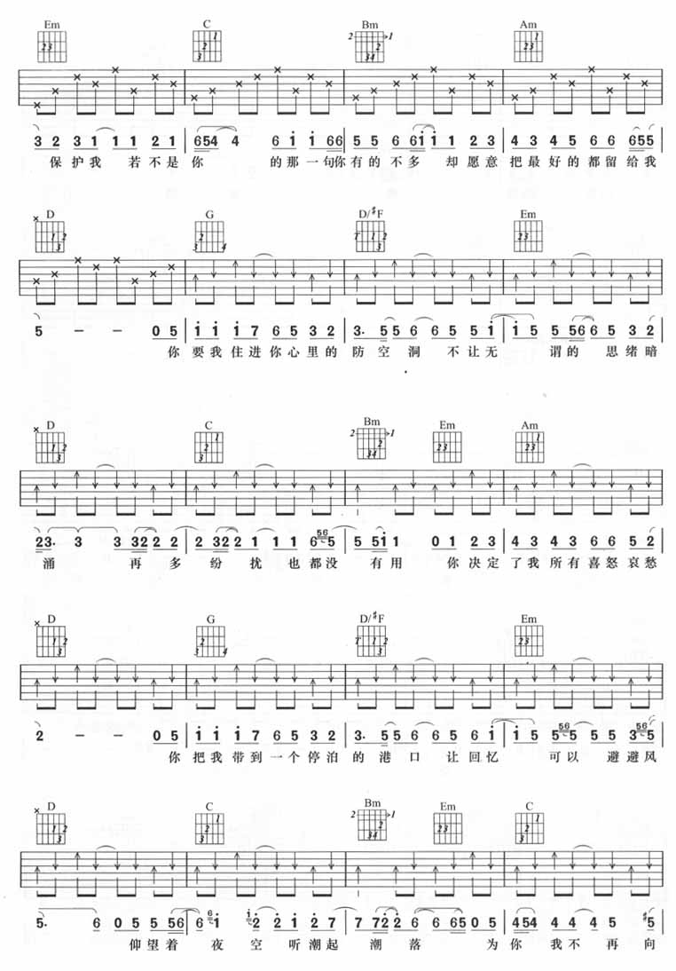 戴佩妮_防空洞吉他六线谱G调_戴佩妮做曲弹唱伴奏六线谱