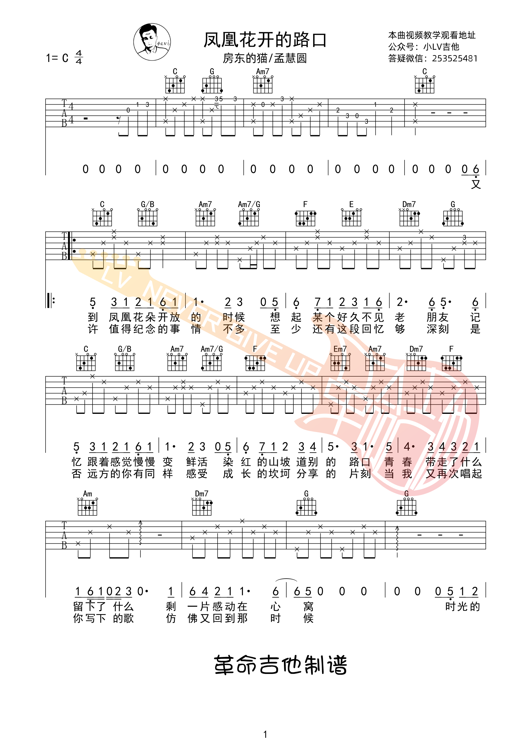 房东的猫/孟慧圆《凤凰花开的路口》C调吉他六线谱