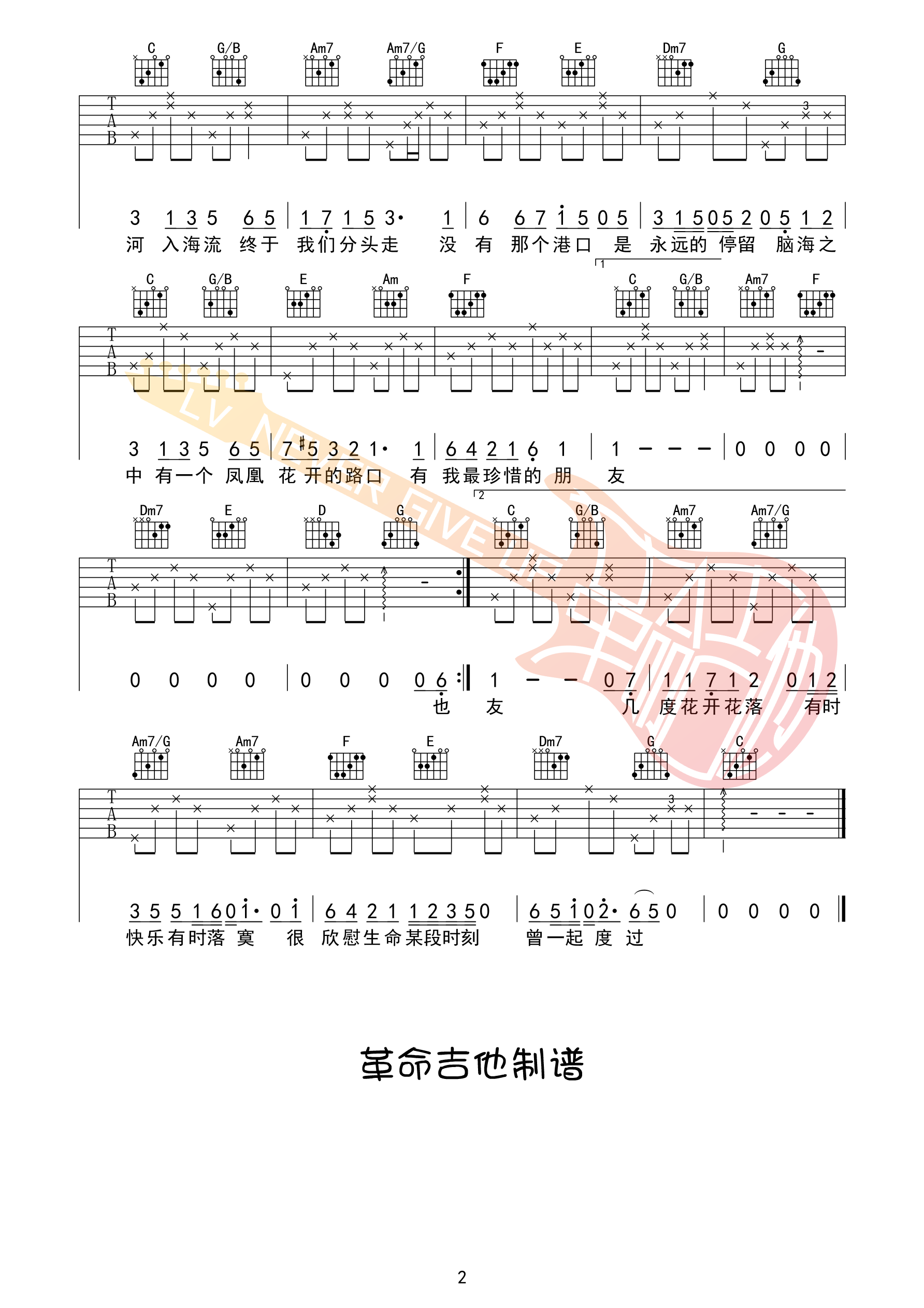 房东的猫/孟慧圆《凤凰花开的路口》C调吉他六线谱