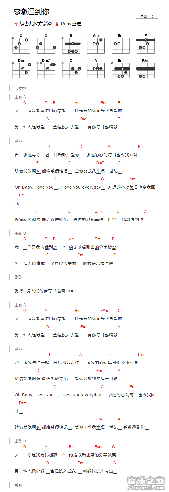 胡杏儿_感激遇到你吉他六线谱C调_音乐之家弹唱伴奏六线谱