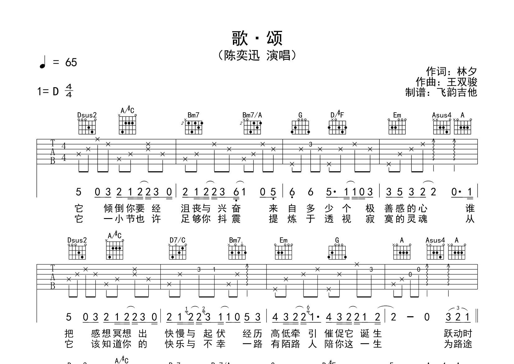 陈奕迅_歌颂吉他六线谱D调_飞韵吉他弹唱伴奏六线谱