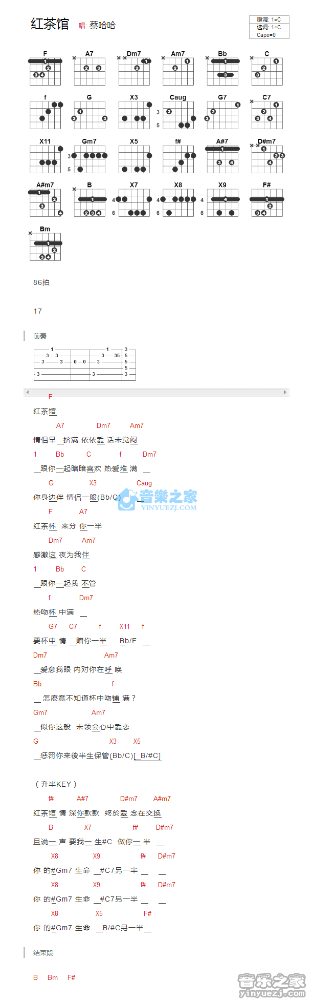 陈慧娴_红茶馆吉他六线谱C调_音乐之家弹唱伴奏六线谱