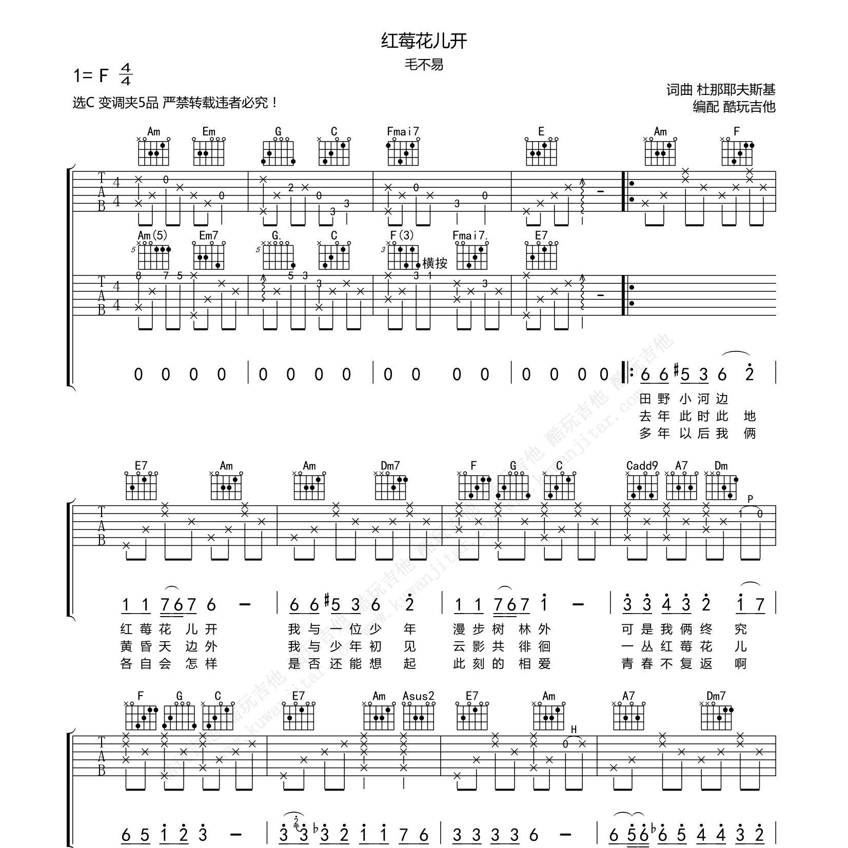 毛不易_红莓花儿开吉他六线谱C调_酷玩吉他弹唱伴奏六线谱