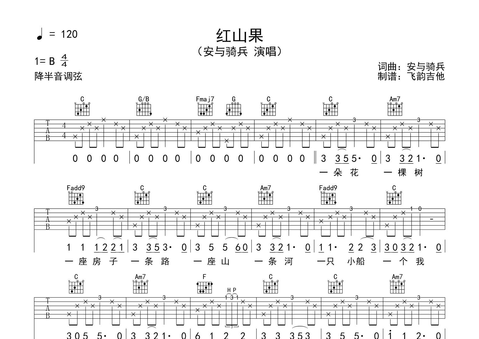 安与骑兵_红山果吉他六线谱C调_飞韵吉他弹唱伴奏六线谱