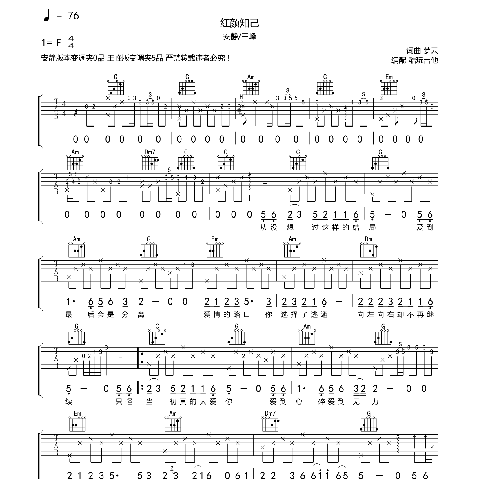 安静/王峰_红颜知己吉他六线谱C调_酷玩吉他弹唱伴奏六线谱