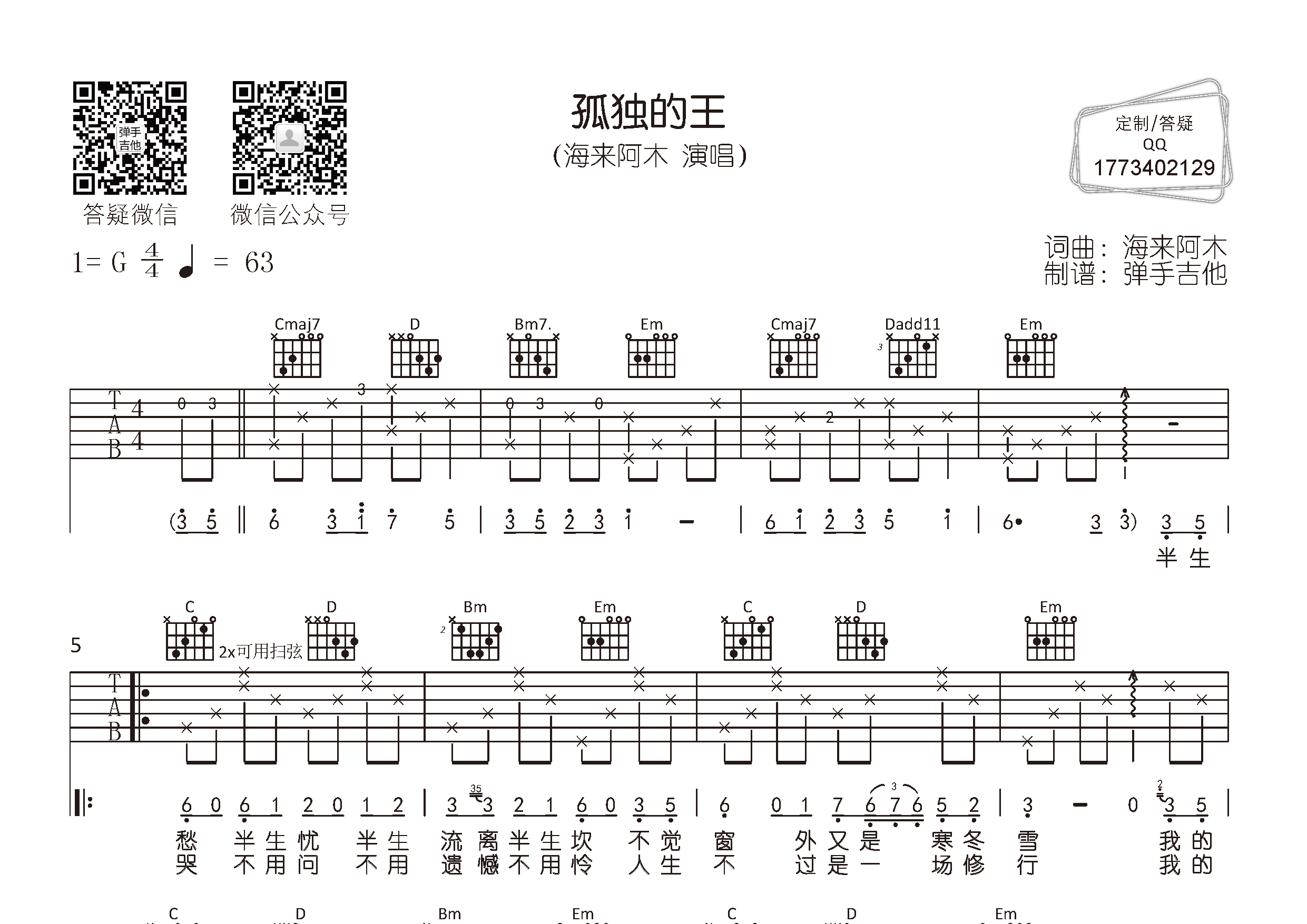 海来阿木_孤独的王吉他六线谱G调_弹手吉他弹唱伴奏六线谱