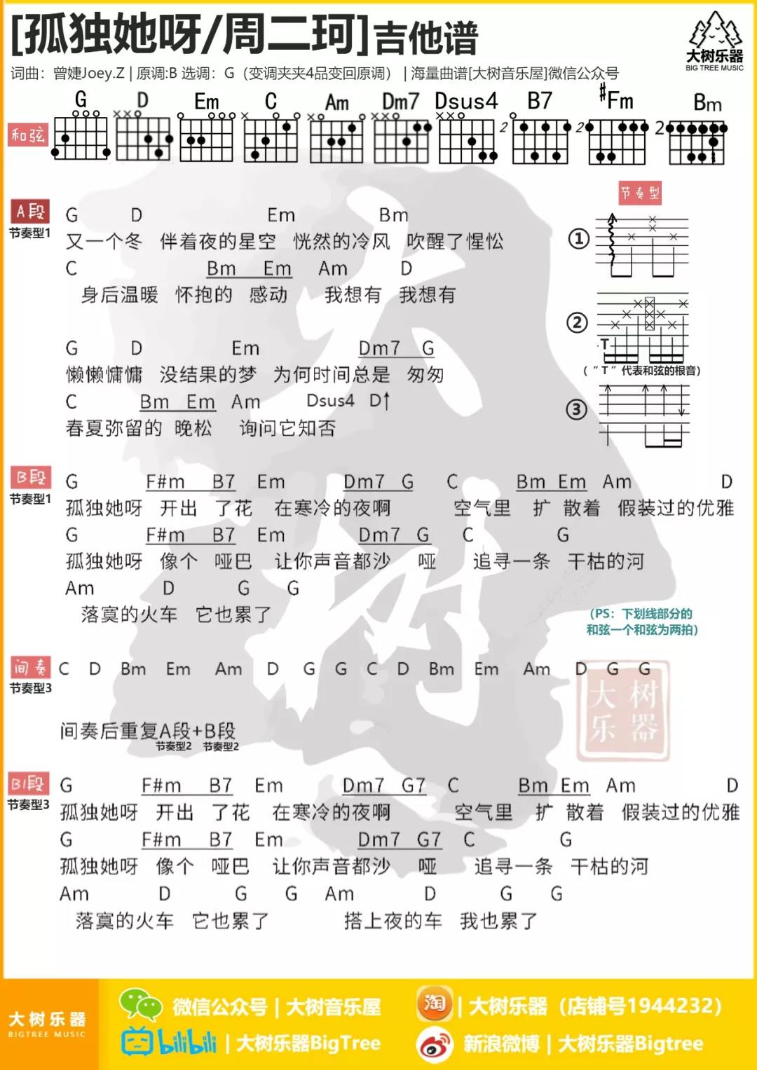 周二珂_孤独她呀吉他六线谱G调_大树音乐屋弹唱伴奏六线谱